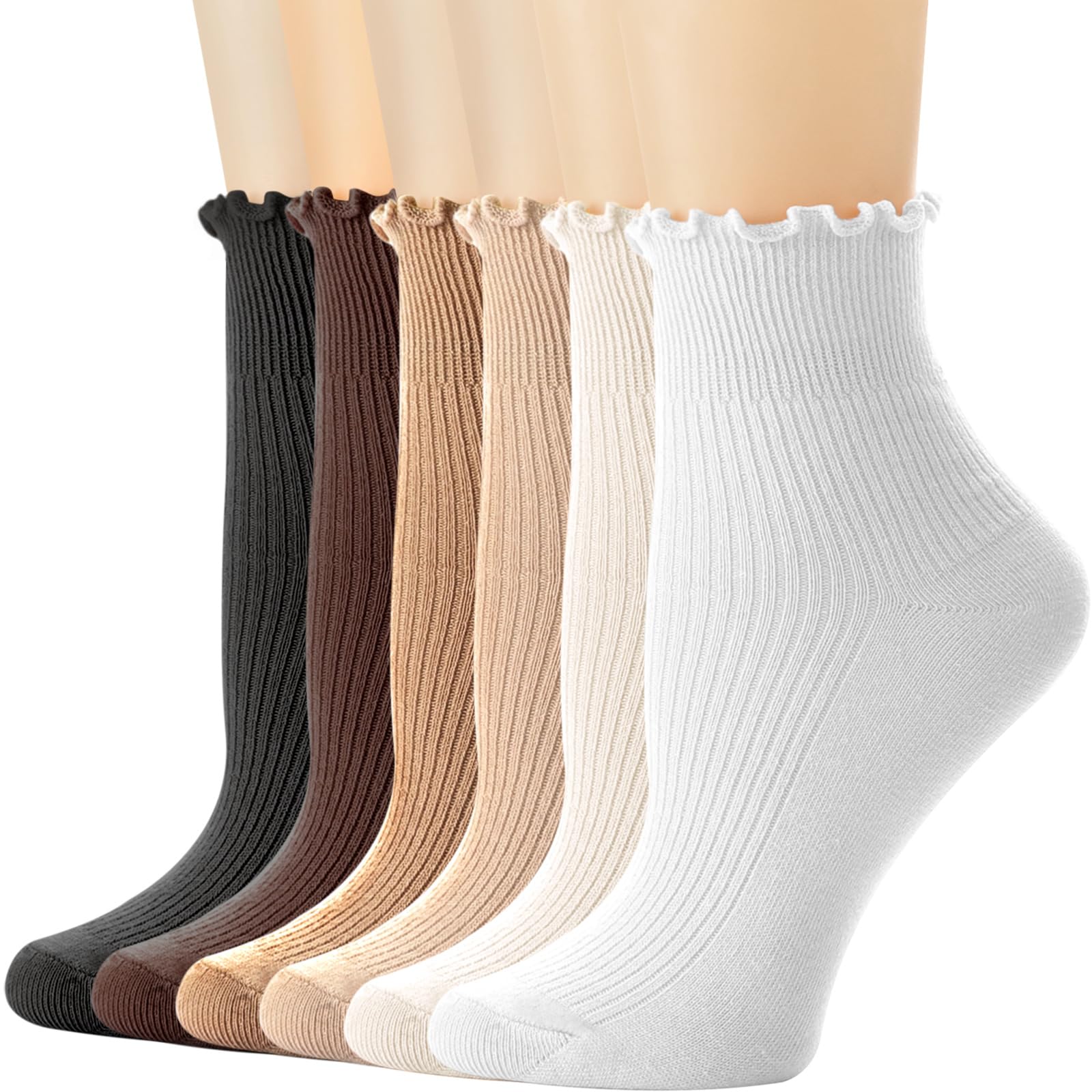 Dreshow Women's 6 Pairs Ankle Socks Set53-01 Ruffle Frilly Socks Casual Ankle Socks Breathable Cotton Crew Knit Socks For 6 Pack