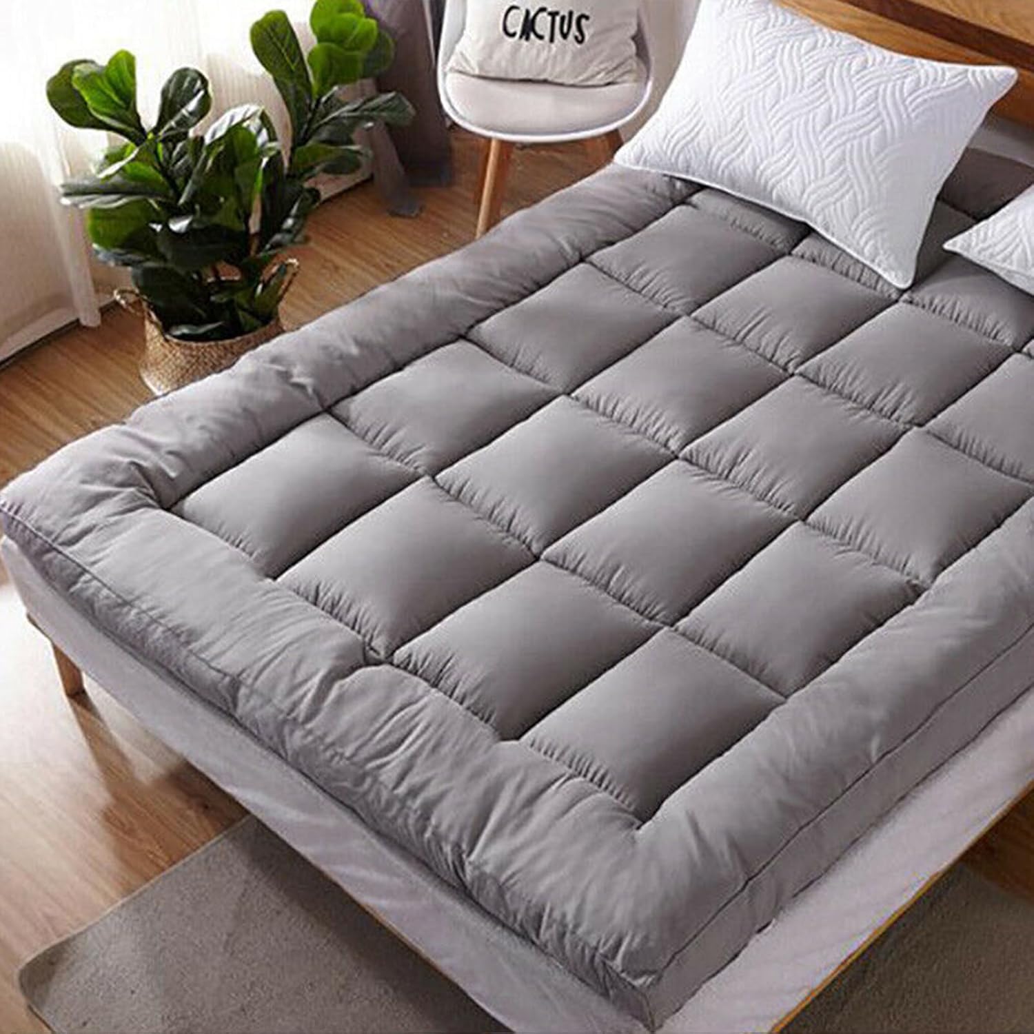 Tiwn Size Mattress Pad Quilted Elastic Mattress Breathable Fluffy Soft Stretches 4in Fitted (75"/190cm x 39"/99cm) Grey