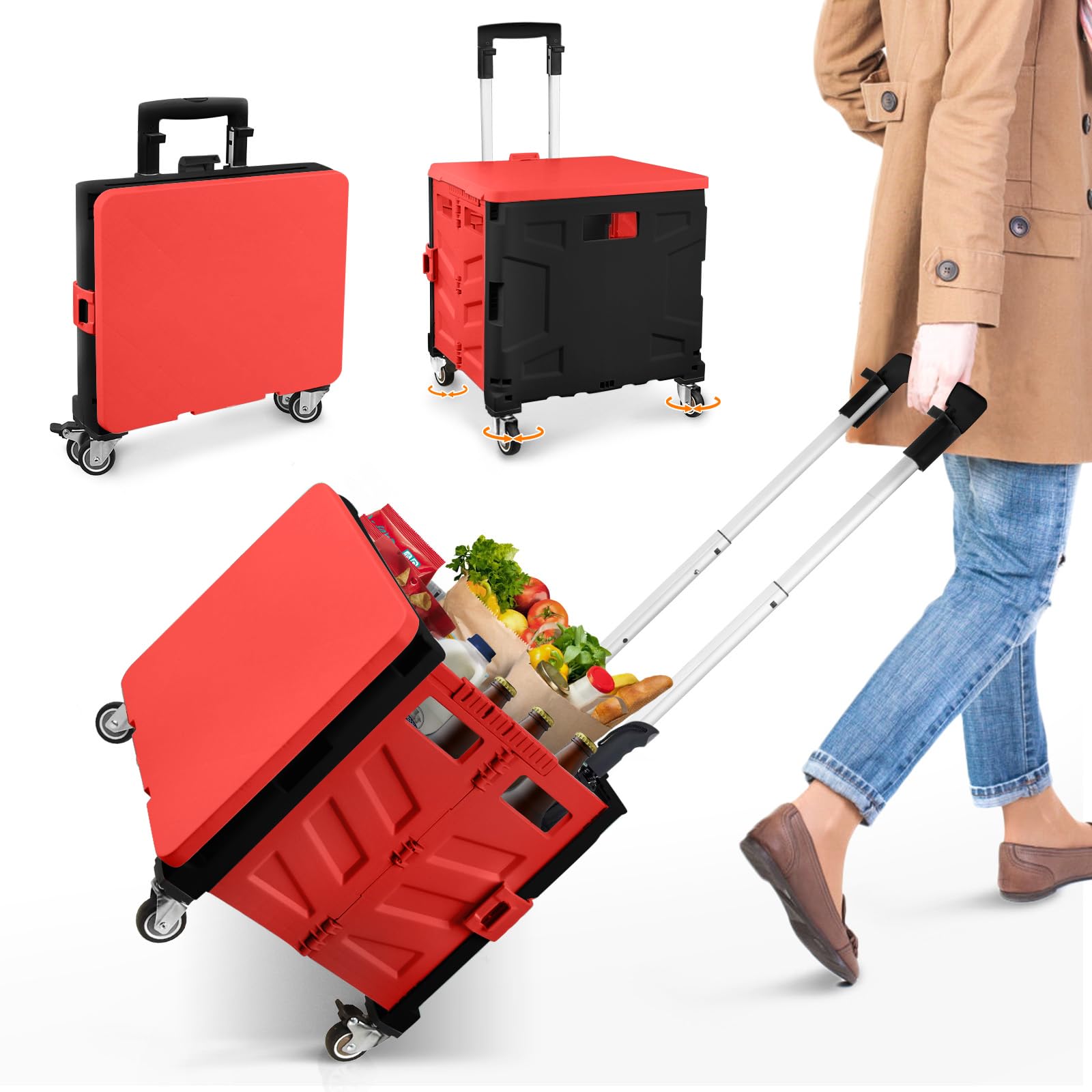 Carro de la compra plegable, carrito de transporte, hasta 50 kg, caja de 50 l, cesta de la compra con tapa, asa extensible de aluminio, 4 ruedas metálicas giratorias de 360°, 103 x 43 x 38 cm