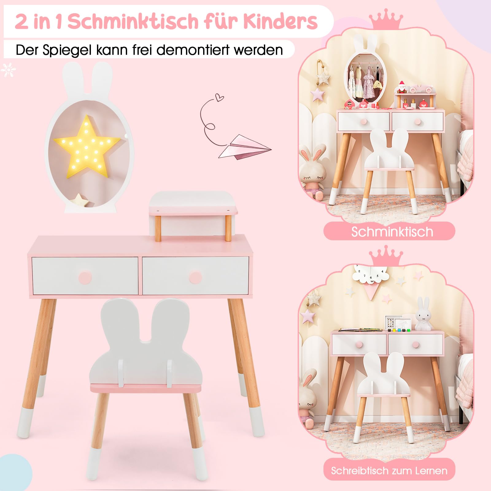 COSTWAY Kinder Schminktisch Set mit Kaninchen Design, 2-in-1-Frisiertisch mit Spiegel, 2 Schubladen & Ablage, Schminkset mit Massivholzbeinen für Mädchen (Weiß)