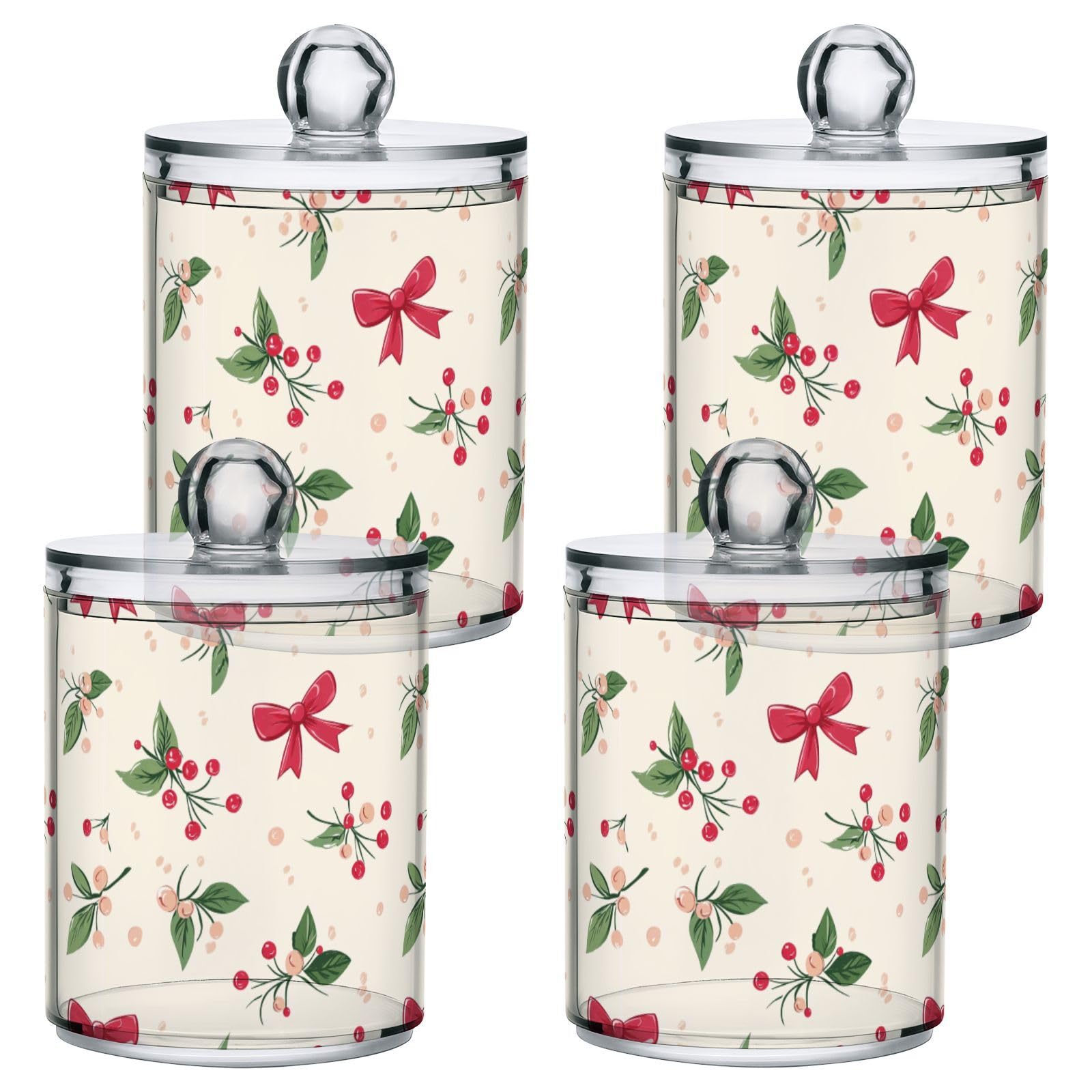 Gredecor 2 Pack Qtip Holder Clear Cherry Bow Flowers Pink (1) Apothecary Jars with Lids Acrylic Bathroom Jars Vanity Countertop Canister Storage Organizer for Cotton Ball,Swabs,Pads,Floss