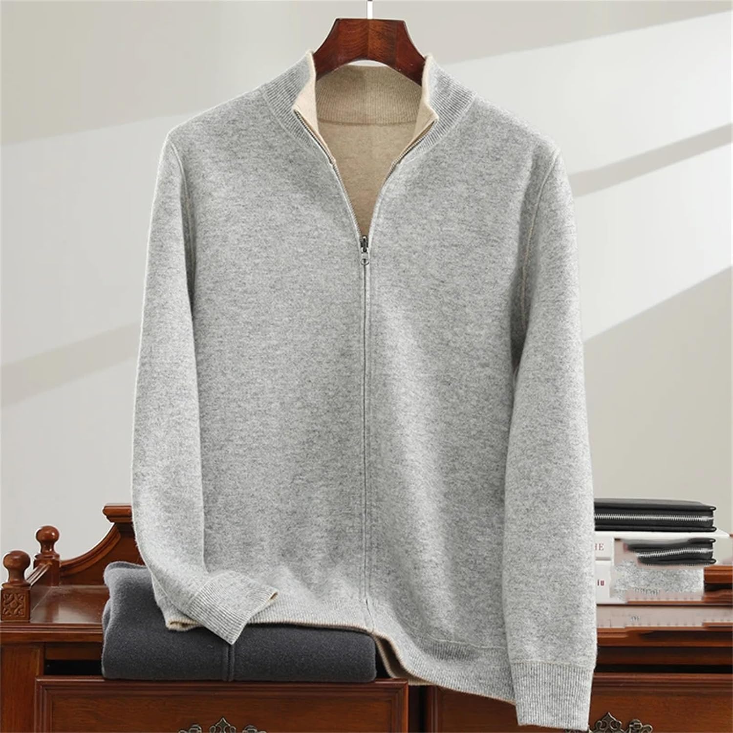Men's Stand-Up Collar Air-Layer Cardigan 100 Percent Cashmere Casual Thickened Sweater Winter Warm Knit Outerwear