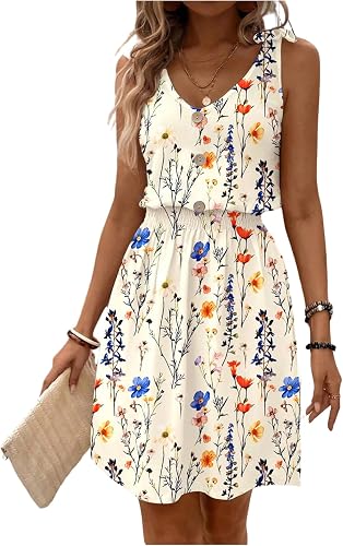 RoseSeek Women's Leopard Print Sleeveless Tank Dress Drawstring Waist Scoop Neck