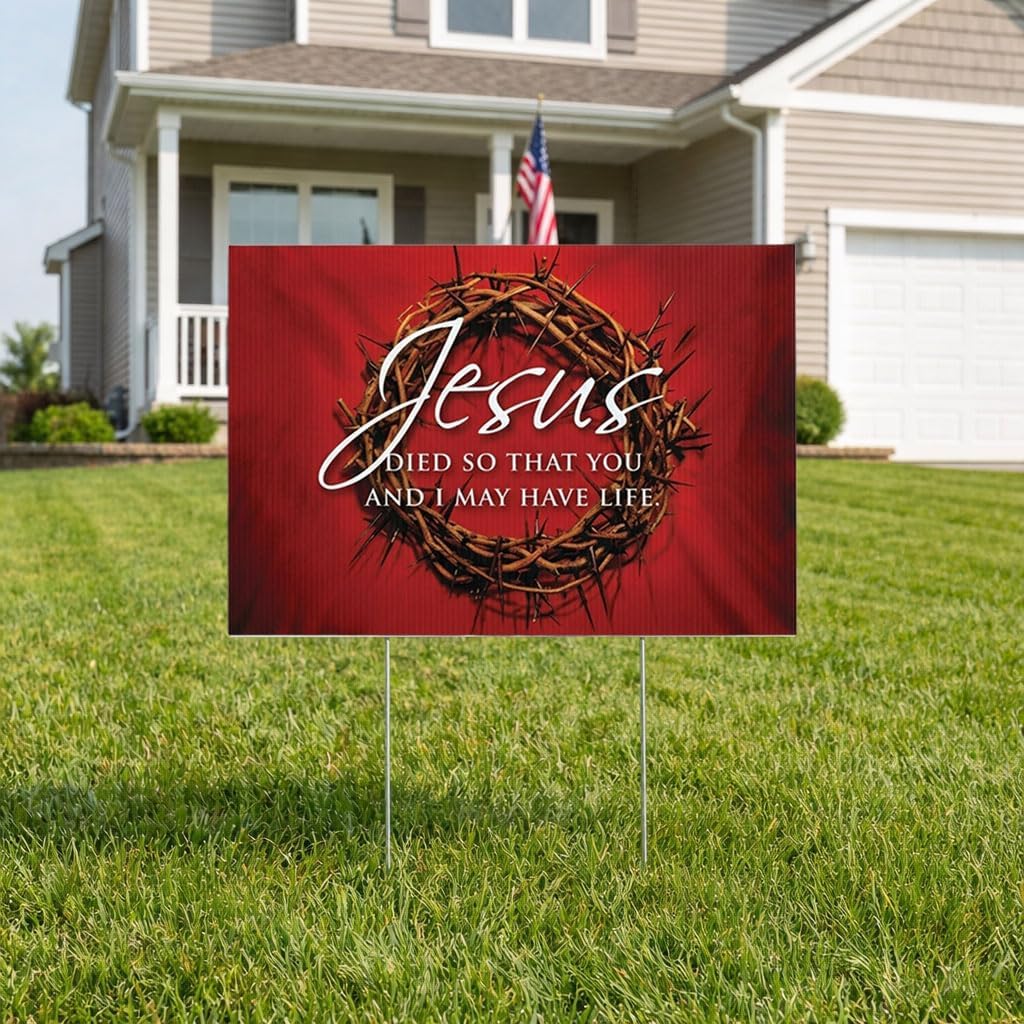 2-Pack Christian Yard Signs “Jesus Died So That You and I May Have Life” Outdoor Lawn Decorations – 18" x 24" Corrugated Plastic, 4 Stakes Included, Made in USA by VictoryStore