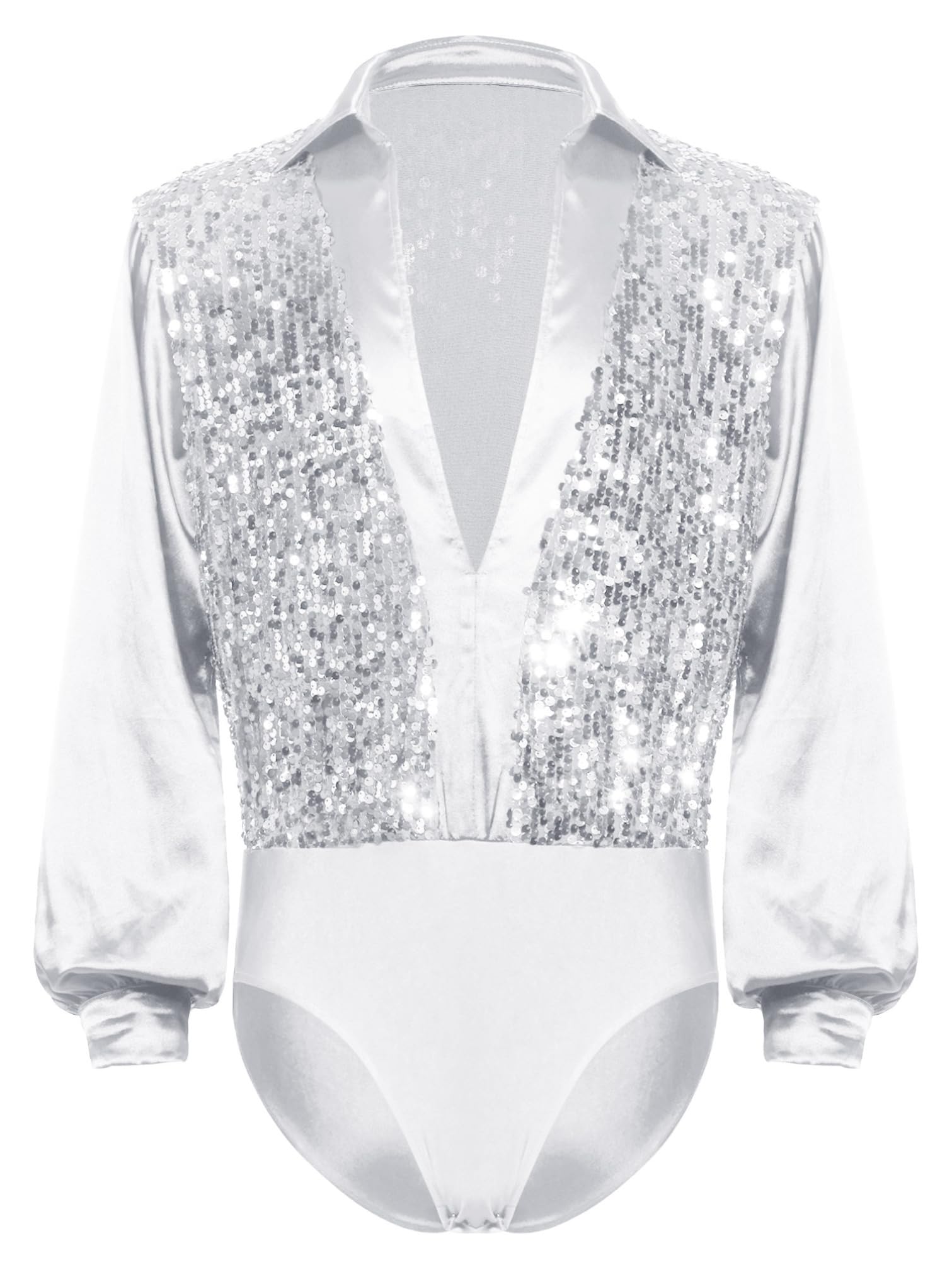 iiniim Body para Hombre Maillot de Baile Latino Rumba y Samba Camisa de Patinaje Artístico de Manga Larga Saten con Lentejuelas Cuello En V Maillot de Gimnasia