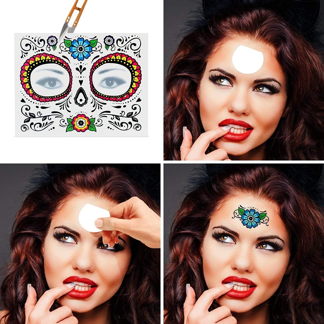 Bluelves Set di 14 Tatuaggi Viso Temporanei per Halloween - 12 Adesivi per Il Viso + 2 Fogli Adesivo Gemma - Maskerade Face Tattoo per Party