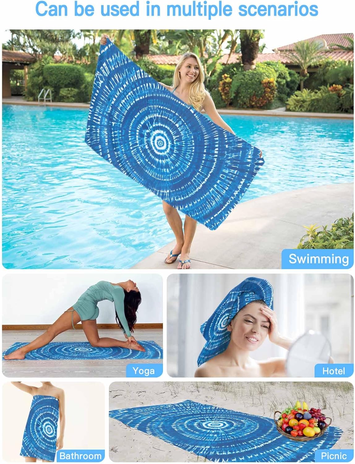 Blue Gradient Beach Towel 30" x 60" Abstract Tie-Dye Art Quick Dry Sand Free Pool Towels Soft & Absorbent Compact Towels Beach Accessories for Travel Bathroom Swimming Pool