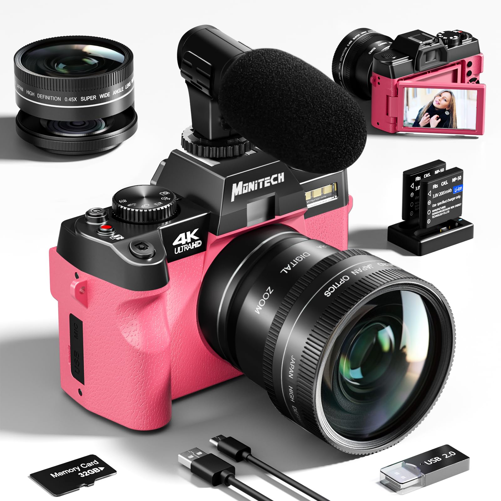 Monitech48MP Digital Camera for Photography 16x Digital Zoom 4K Video Camera for Photography vlogging camera for Youtube with SD Card 32gb（Pink）
