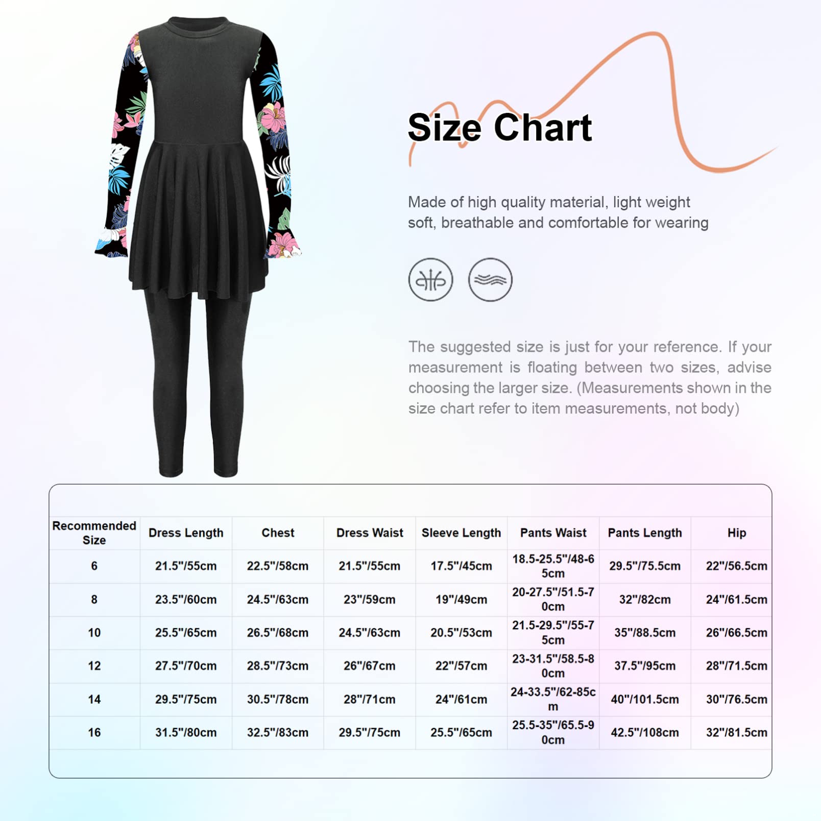 dPois Maillot de Bain Musulman Fille Enfant 2 Pieces Anti-UV Jupe de Bain Ensemble Tankini Burkini Manches Longues Combinaison de Piscine Plage Été Vacances