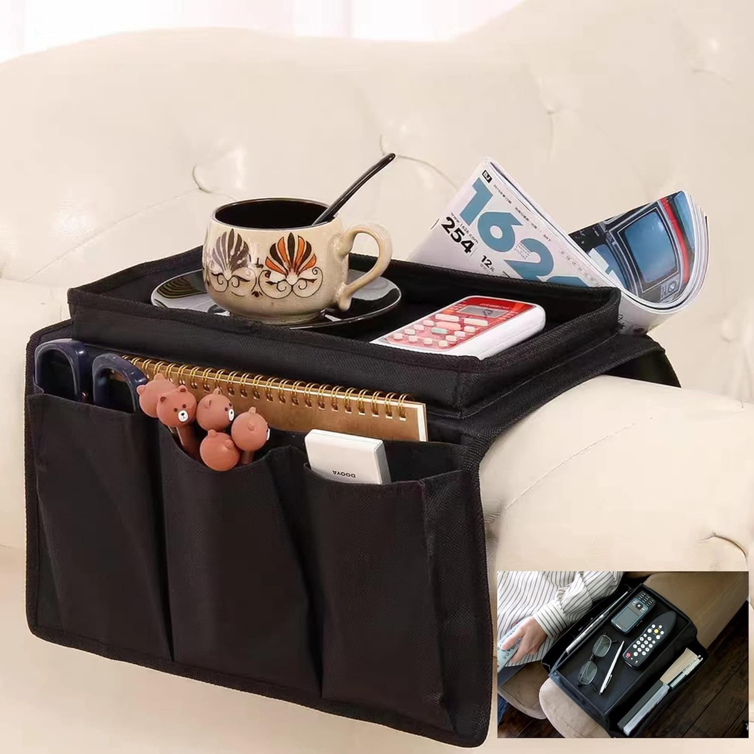 Sofa Armrest Organizer with Cup Holder No-Slip Couch Sofa Armrest Organiser Couch Remote Caddy Control Holder with 1 Large Pockets and 3 Small Pockets for TV Remotes Cellphone Magazines Drinks (Black)