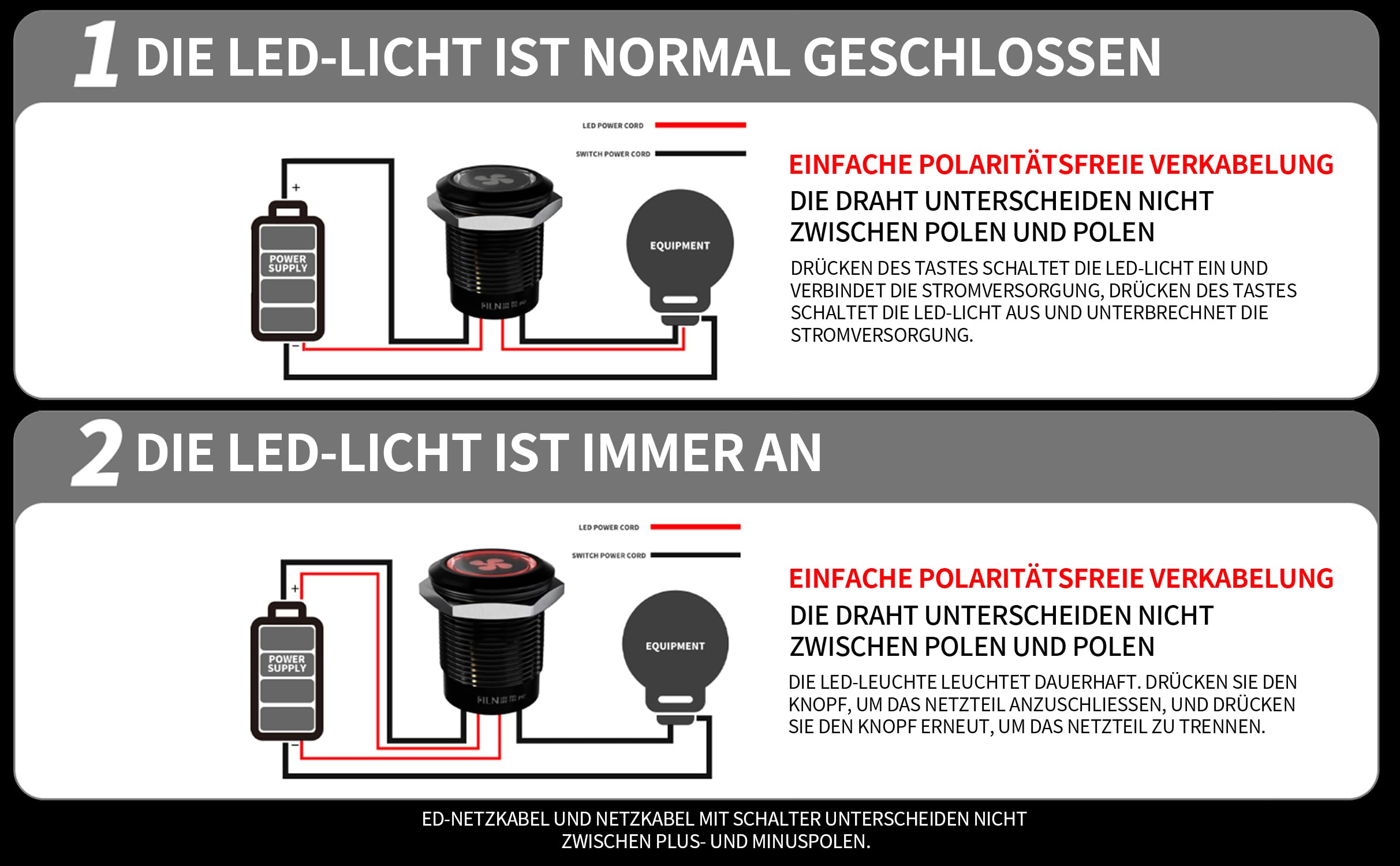 2Stück 19mm LED Schalter vorgegattert mit Kabel，12-24V DC IP67 Ein/Aus Schalter mit 185 Symbolen，für Beleuchtung, Stromversorgung & Industrieanlagen（Rot LED，1CH）