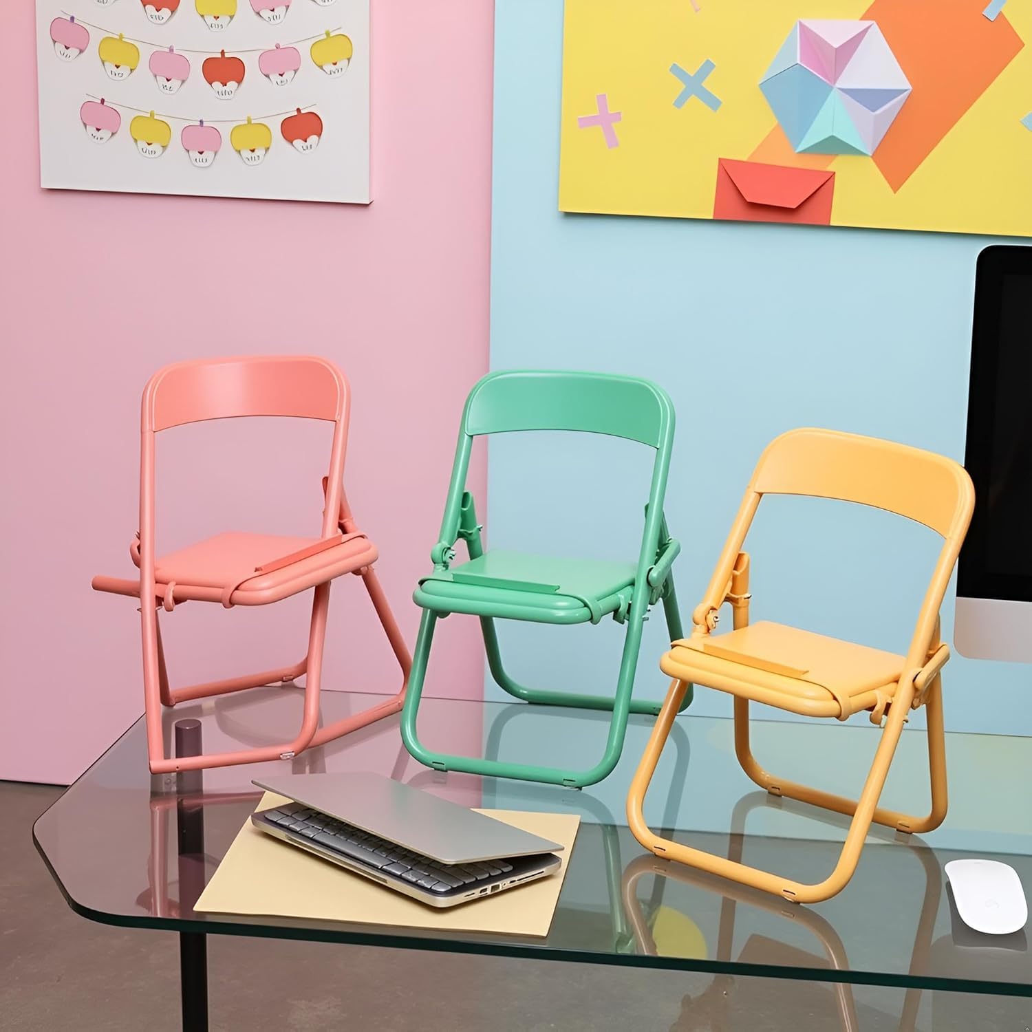 4Pcs Foldable Mini Chairs - Cute Tiny Folding Phone Holders, 1:6 Scale Miniature Furniture, Cell Phone Stands - Image 3