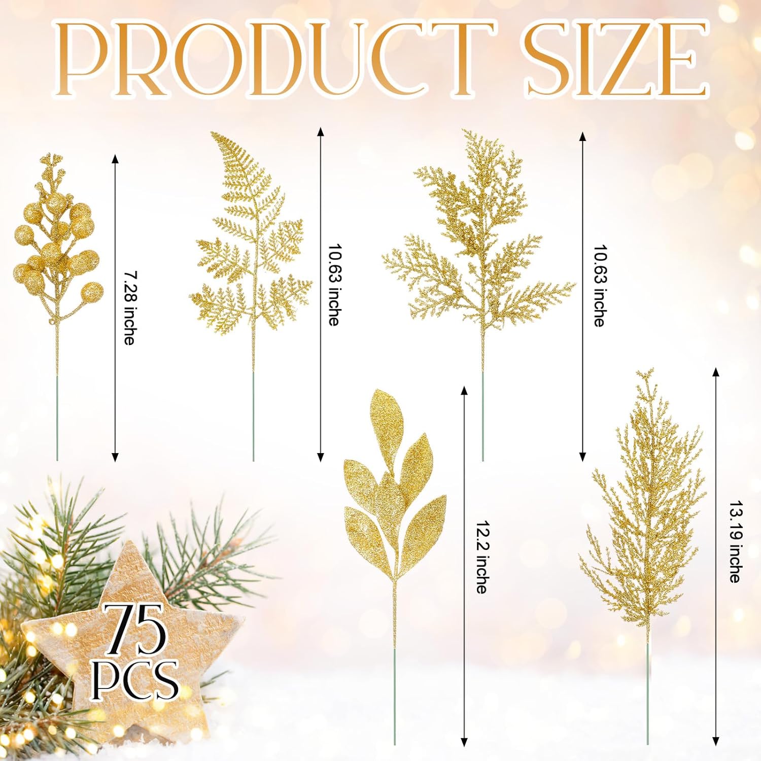 75 Pcs Christmas Glitter Picks Gold Artificial Christmas Tree Picks and Sprays for Christmas Tree 5 Styles Berries Stems Cedar Bay Leaves Fern Pine Branches for Vase Fillers Wreath Garland