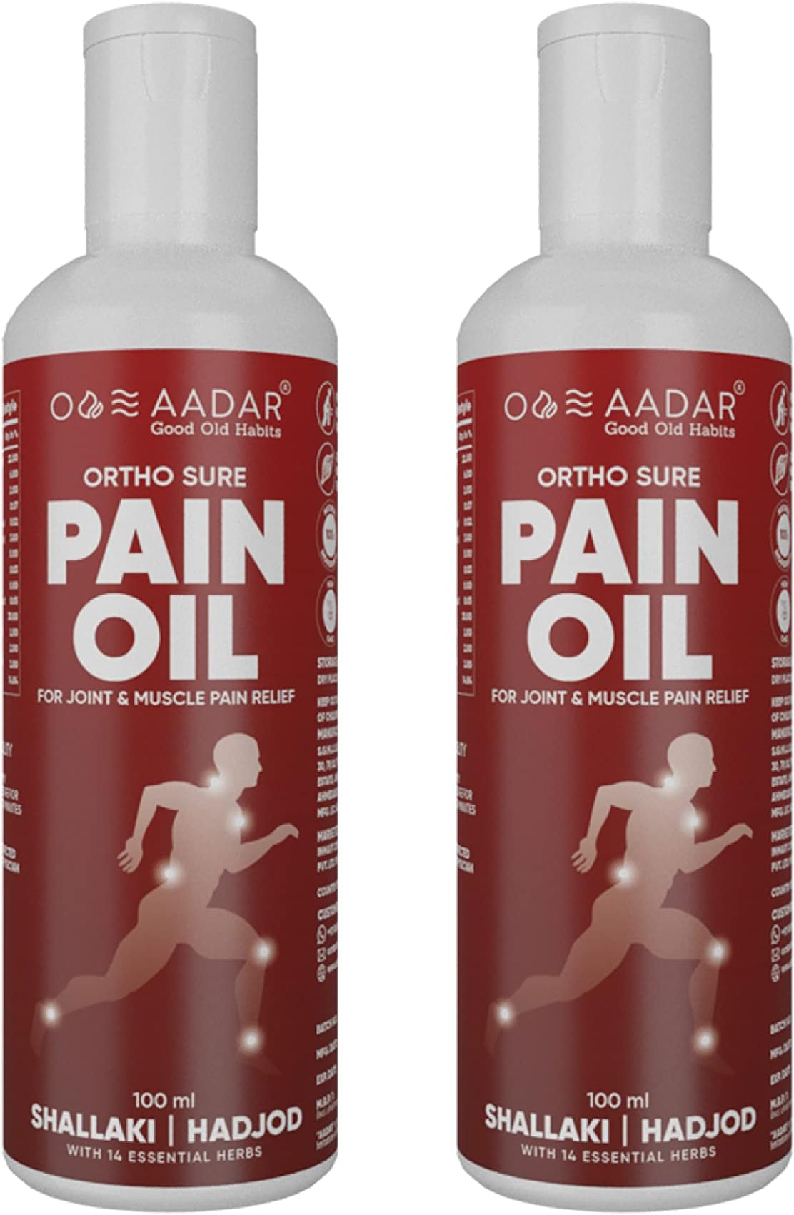 AADAR ORTHO SURE Pain Oil | Ayurvedic Pain Relief Oil for Knee, Back, Joints and Muscle Pain | Shallaki, Hadjod, and Mahanarayan oil | 100 ml (Pack of 2)
