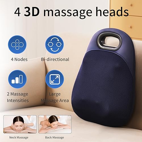 Miniatura 2 de Masajeador de cuello y espalda, con cabezales de calefacción y rotación bidireccional, almohada de masaje eléctrica 4D con 4 nodos, alivio del dolor