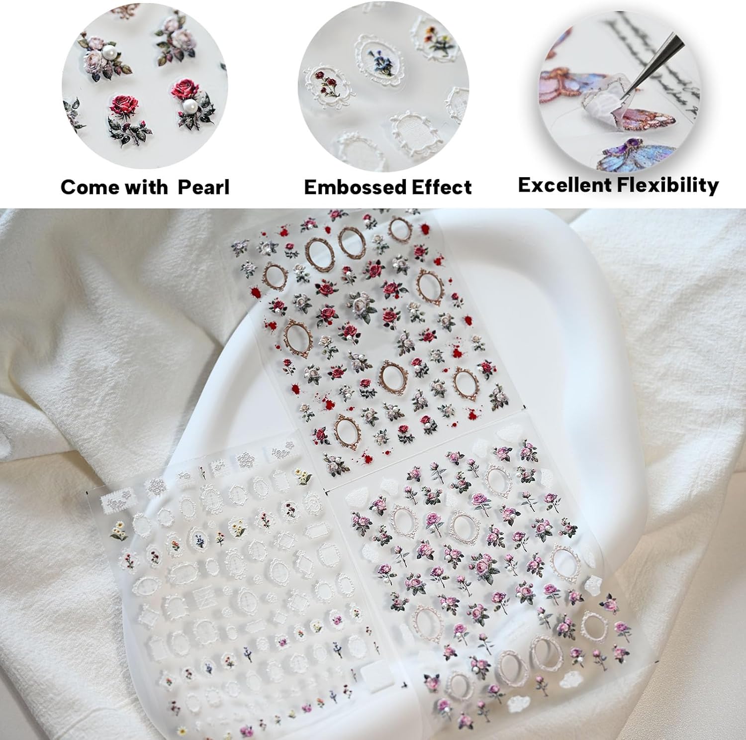 Rose Flower Frame Nail Art Stickers Pearl Rhinestones Embossed Vintage Nail Decals for Nail Art Design Self-Adhesive Nail Accessories for Women Nail Art Supplies 3 Sheets - Image 2