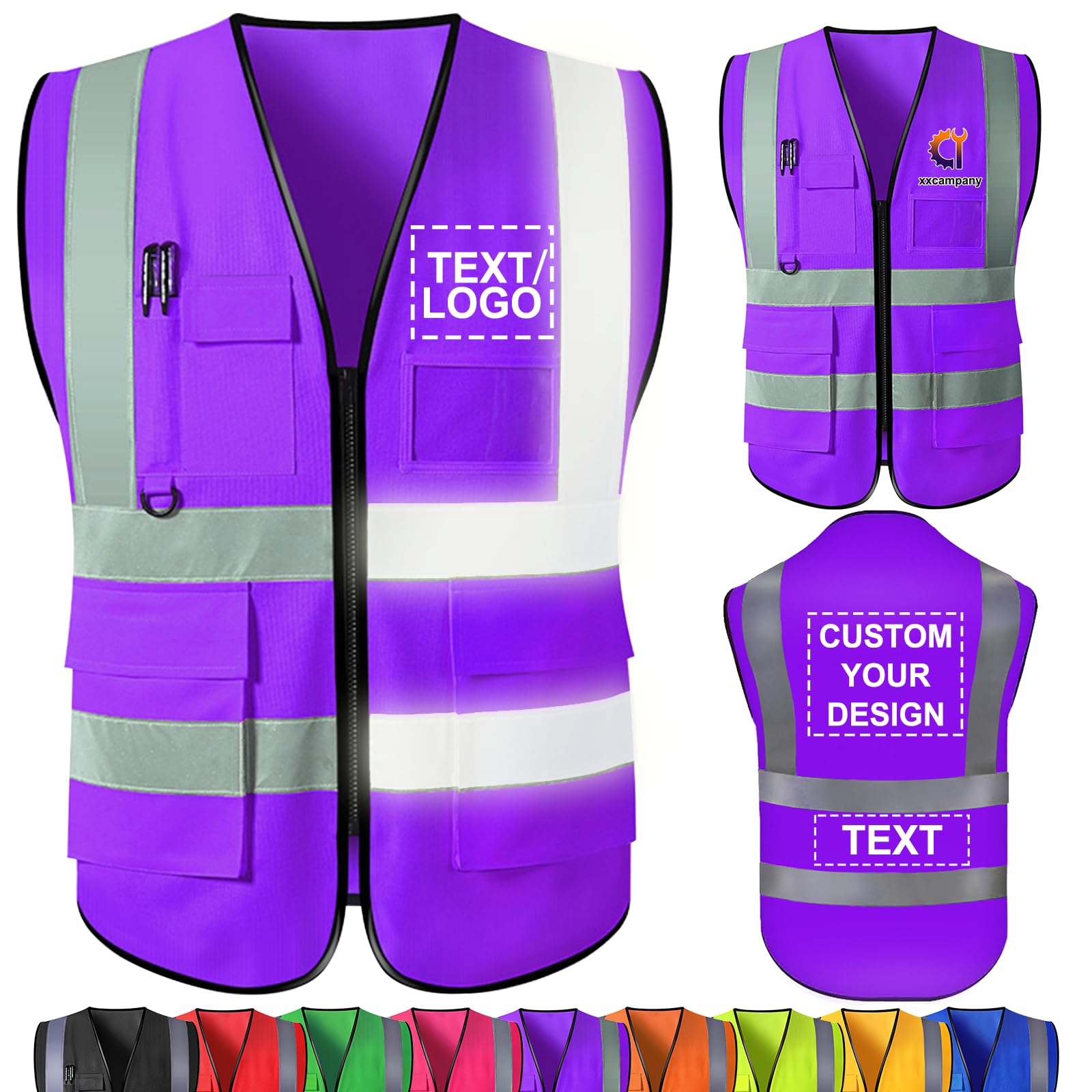 Custom Safety Vest Bulk with Name Logo Text Personalised High Visibility Reflective Vests with Pockets Customised Work Vest for Men Construction Employee Purple X-Large โ image 1