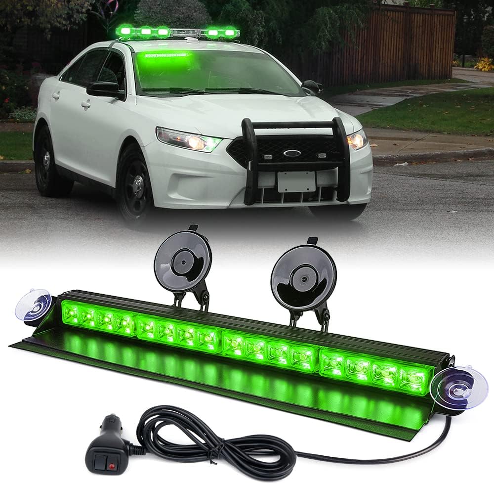 Xprite 16 LED Aluminum Windshield Strobe Light Bar w/Suction Cups, Dash Deck Visor Window Flashing Hazard Warning Lights for Emergency POV Law Enforcement Vehicles Trucks Moves Traffic Light - Green