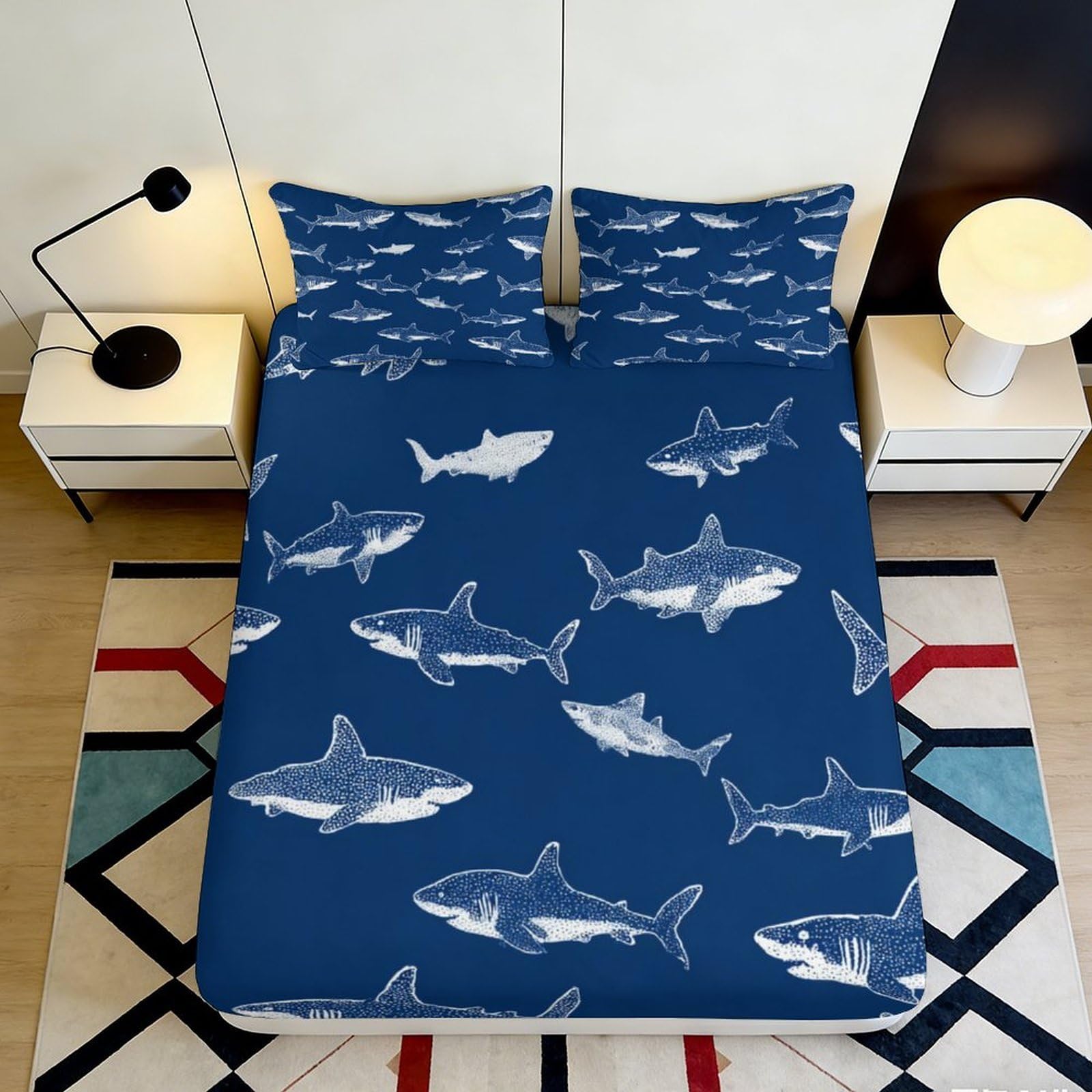 3D Printed Shark Pattern Fitted Sheet Microfiber Soft Breathable Ocean Design Mattress Cover for Bedroom Dormitory Guest Room Protection Decor 180x200x25cm