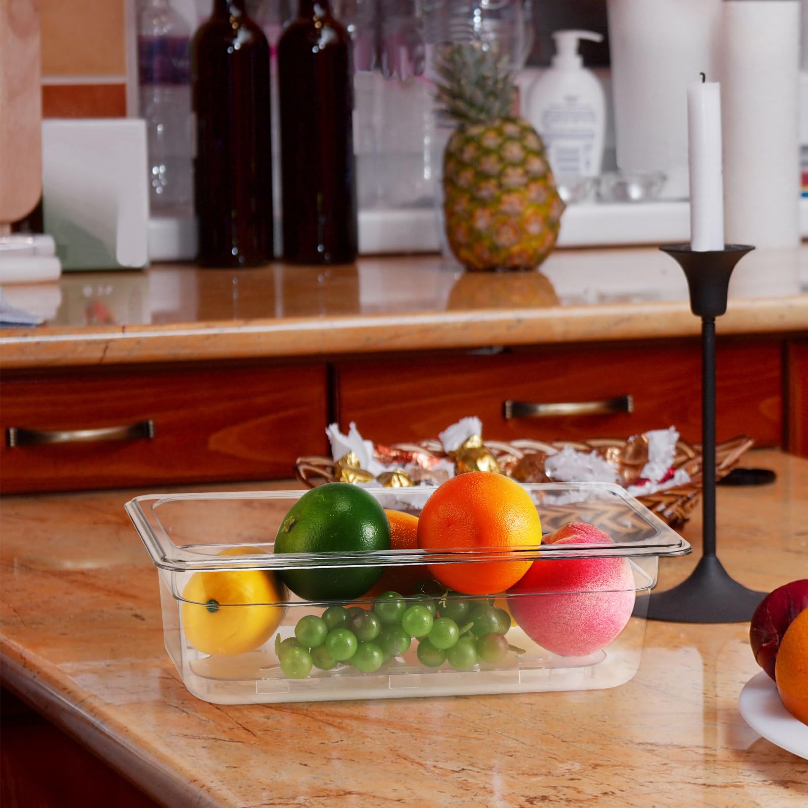 Sunnyray Juego de 6 sartenes de policarbonato de tamaño 1/3 con tapas y estante de drenaje, recipientes cuadrados transparentes para almacenamiento de alimentos para cocina, restaurante, frutas,