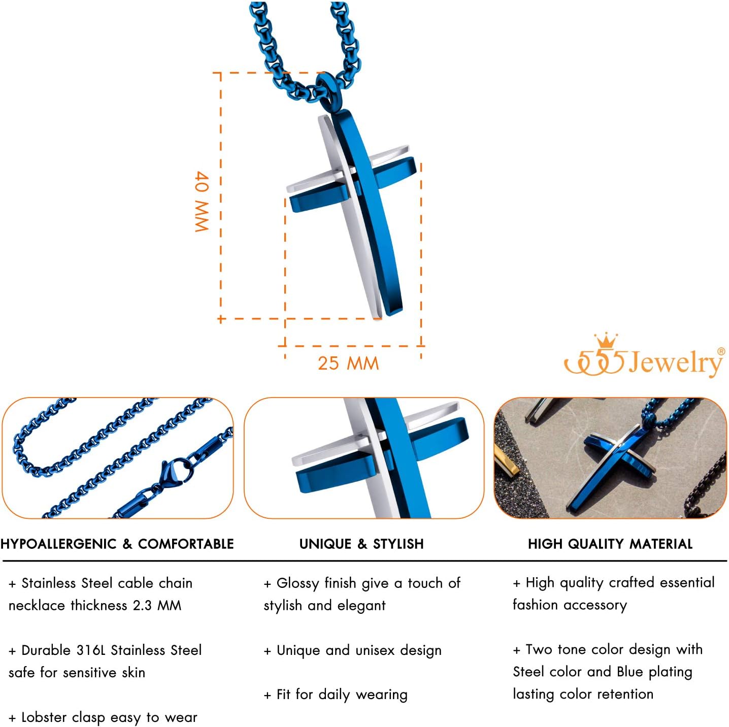 555Jewelry Grooved Stainless Steel Cross Necklace for Men and Women 16-24" Chain - Image 3