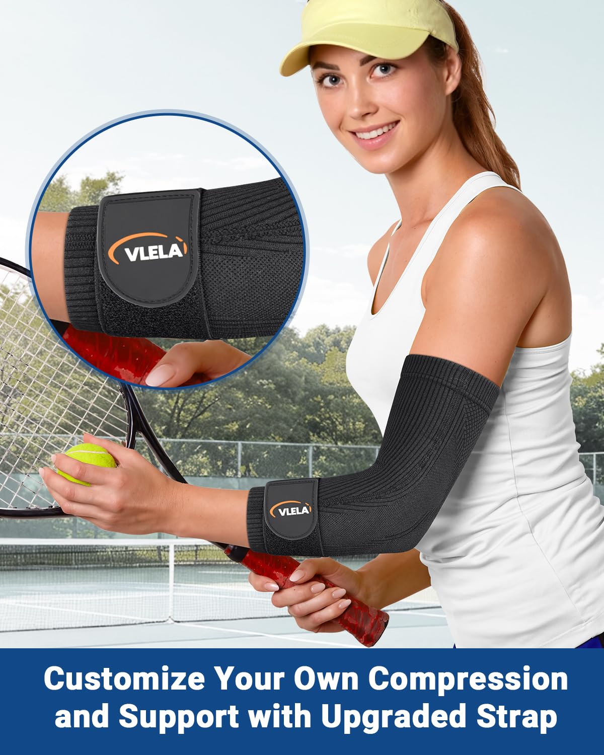 Elbow Compression Sleeve with Adjustable Strap - Tennis Elbow Brace for Men & Women, Support for Tendonitis, Golfer's Elbow, Weightlifting, Gym Fitness & Sports Pain Relief, Medium