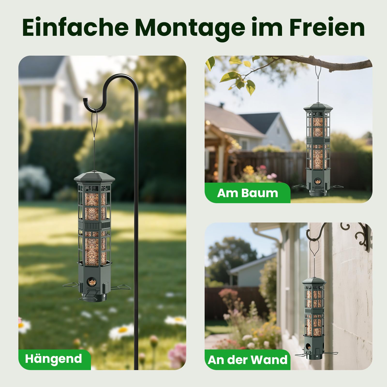 Eichhörnchensicherer Vogelfutterspender aus Metall zum Aufhängen – Vogelfutterstation mit Gewichtsmechanik, 3 Futteröffnungen, 3L Fassungsvermögen, wetterfest