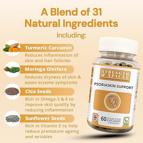 Miniatura 3 de Suplemento de psoriaskin Strength & Spices, refuerzo del sistema inmunológico con 31 ingredientes potentes y aminoácidos, alivia la piel roja,