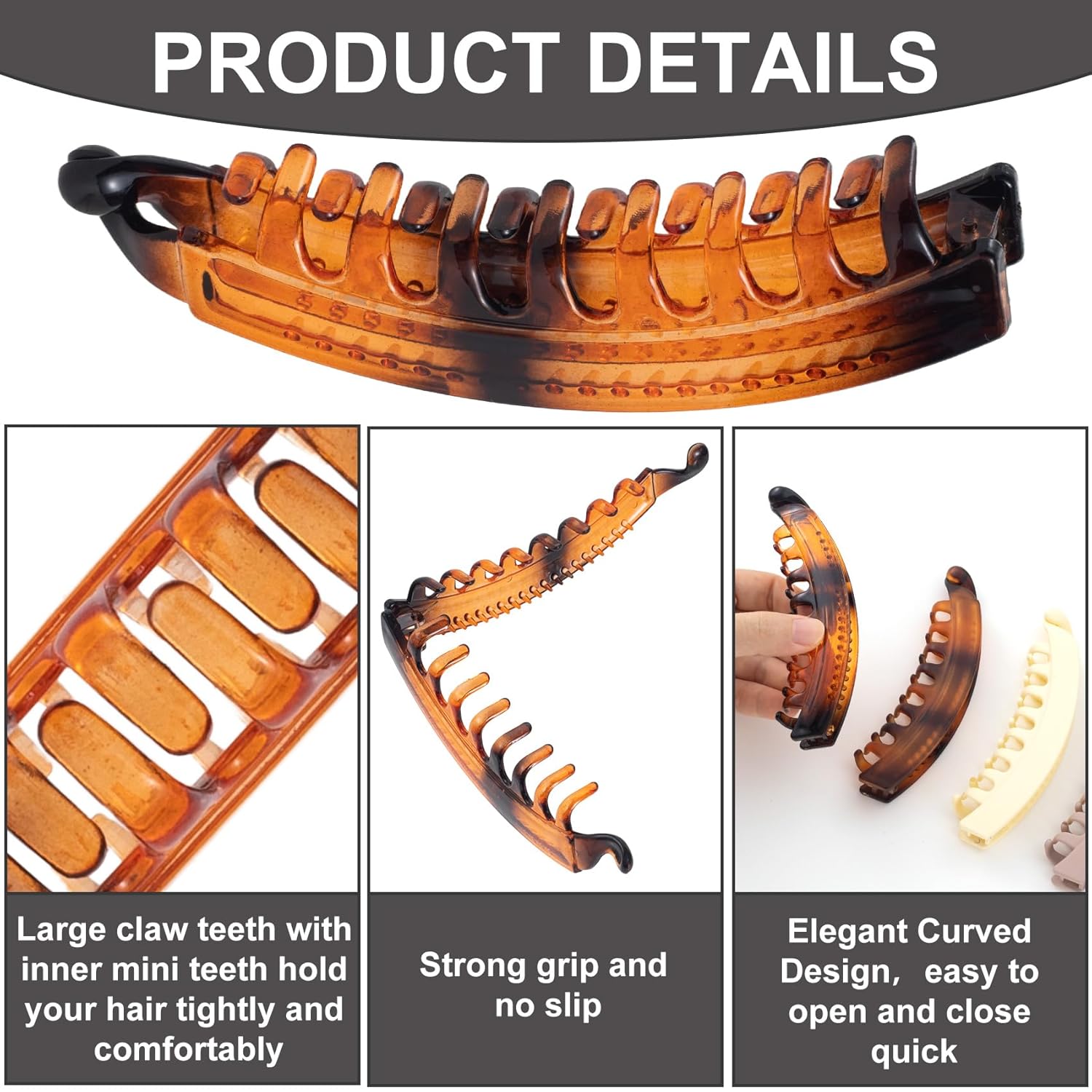 6pcs Banana Hair Clips, Non-Slip Large Hair Claws for Women, Classic Double Combs Hairpin Accessories for Thin Curly Straight Long Short Hairstyles- 6 Colors - Image 3