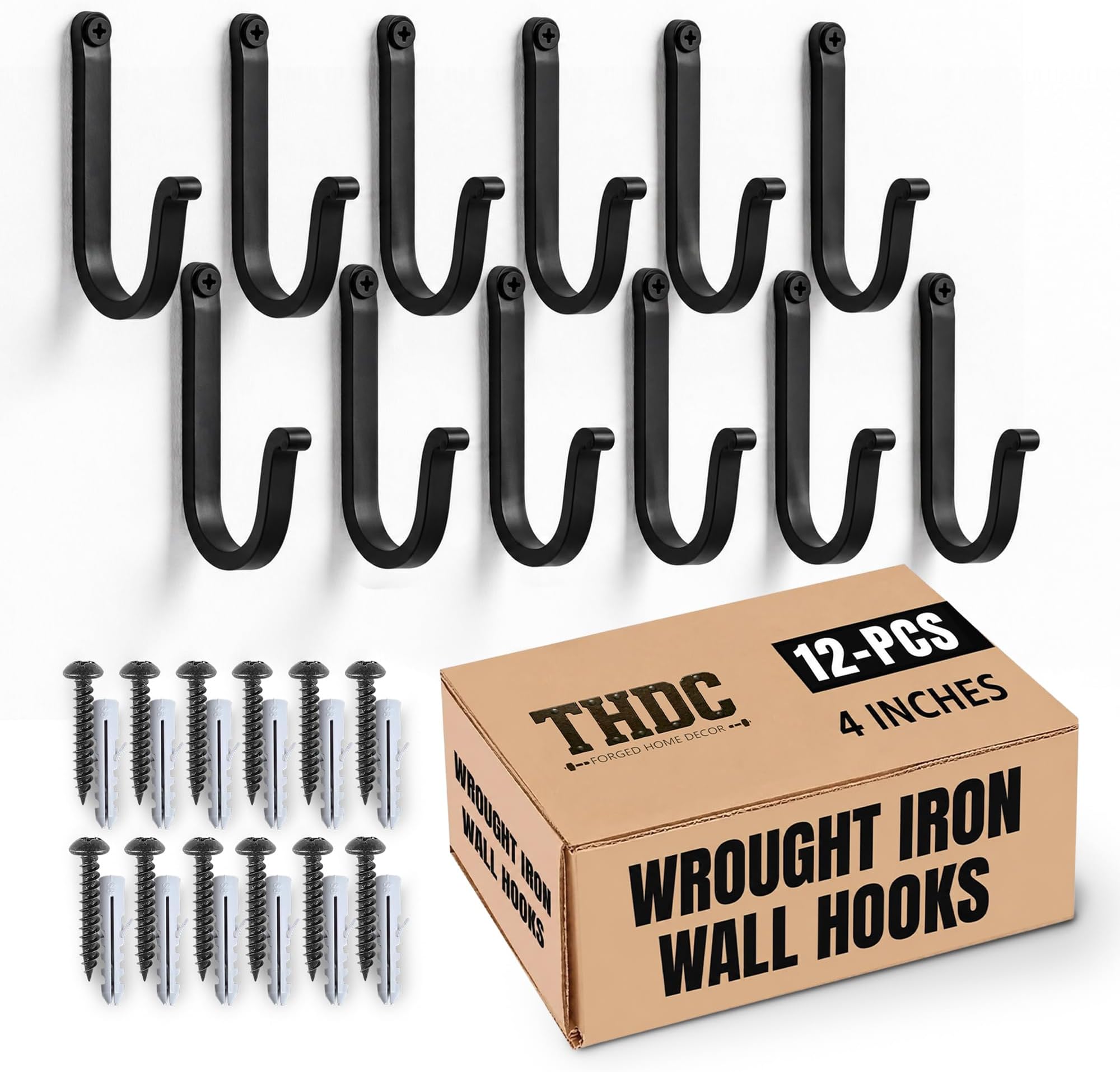 THDC Single Prong Wrought Iron Hooks, Vintage Hand Forged Iron Curved Metal Fasteners – Decorative Colonial Wall Décor, Heavy Duty Wall Hooks, Hangers for Keys, Coats, Robe, Bags, Home, Kitchen (12)