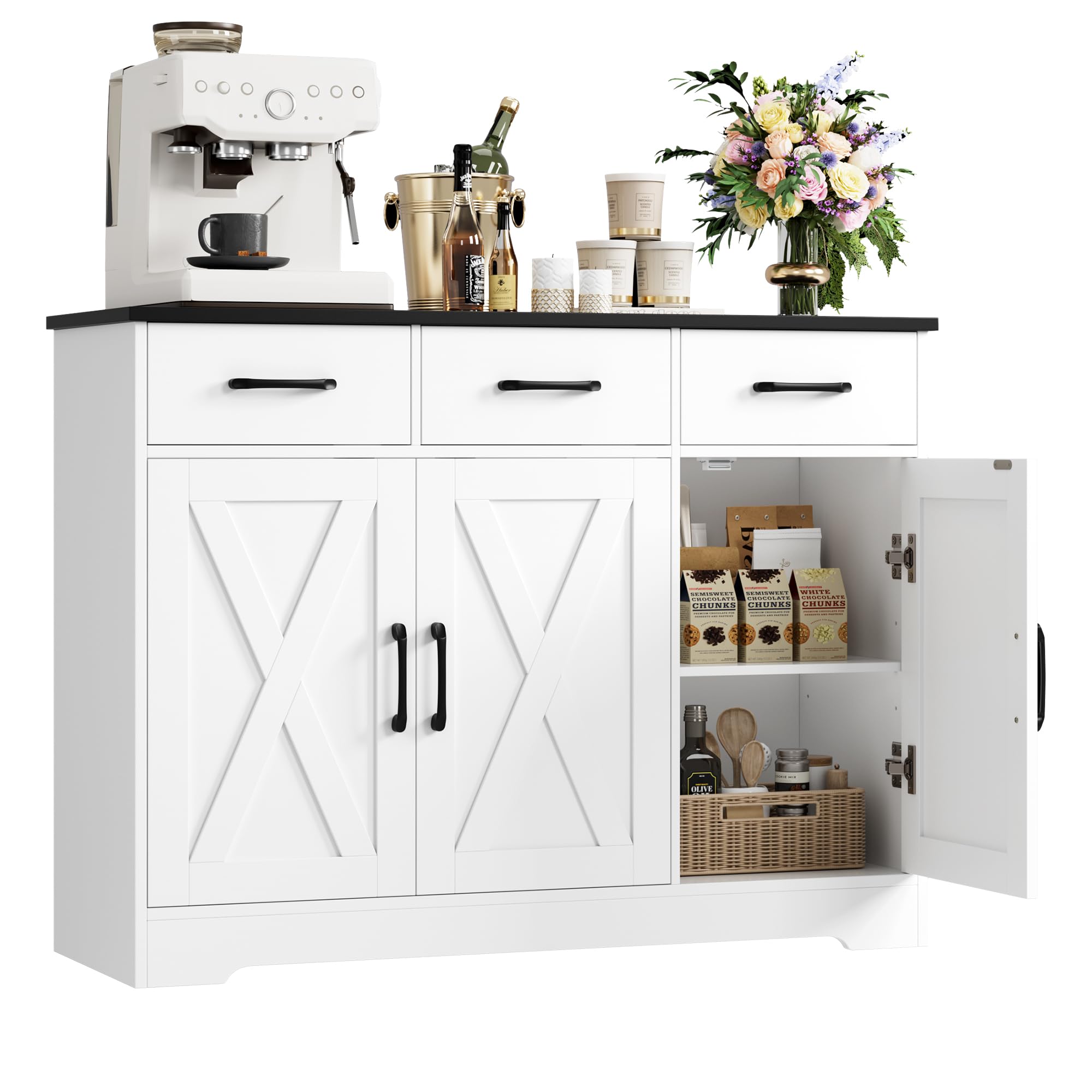 HOCSOK Credenza, Mobile Cucina con 3 Cassetti e 3 Armadi，Buffet Mobile Moderno, Credenza Soggiorno, Mobile per Cucina Ingresso Foyer, Sala da Pranzo, Bianco+Nero