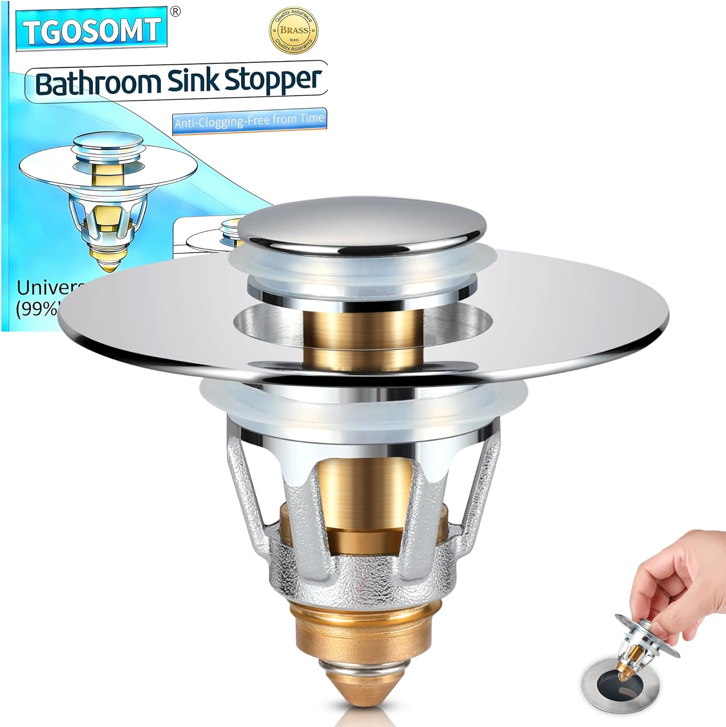 Bathroom Sink Drain Strainer, 2 in 1 Anti-Clogging Sink Stopper with Hair Catcher, Universal Pop-Up Sink Drain Plug Fits 1.1" ~ 1.5" Drain, Solid Brass (Chrome)