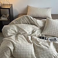 Vista 2 de PinkMemory - Juego de funda de edredón beige gingham, tamaño king, 100% algodón lavado, funda de edredón vintage a cuadros, conjunto de ropa de cama