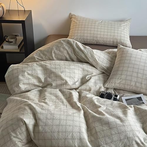 Miniatura 2 de PinkMemory Juego de funda de edredón de cuadros beige tamaño Queen, 100% algodón lavado, estilo vintage, a cuadros, juego de ropa de cama de 3