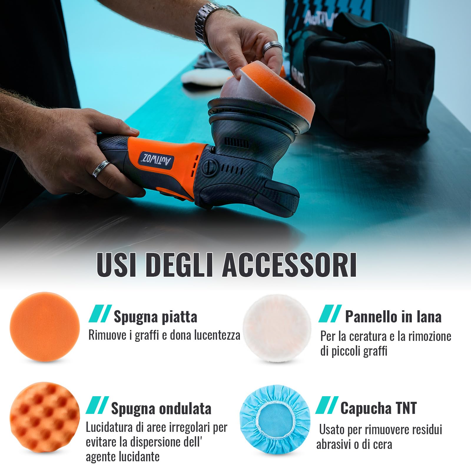 AUTIWOZ 630W Lucidatrice Auto Orbitale 9mm,125mm Kit di Lucidatura,Levigatura Eccentrica Piccole Dimensioni,6 Velocità Variabili (2000-6200 giri/min),Cura dell'auto,Rimozione dei graffi - W01