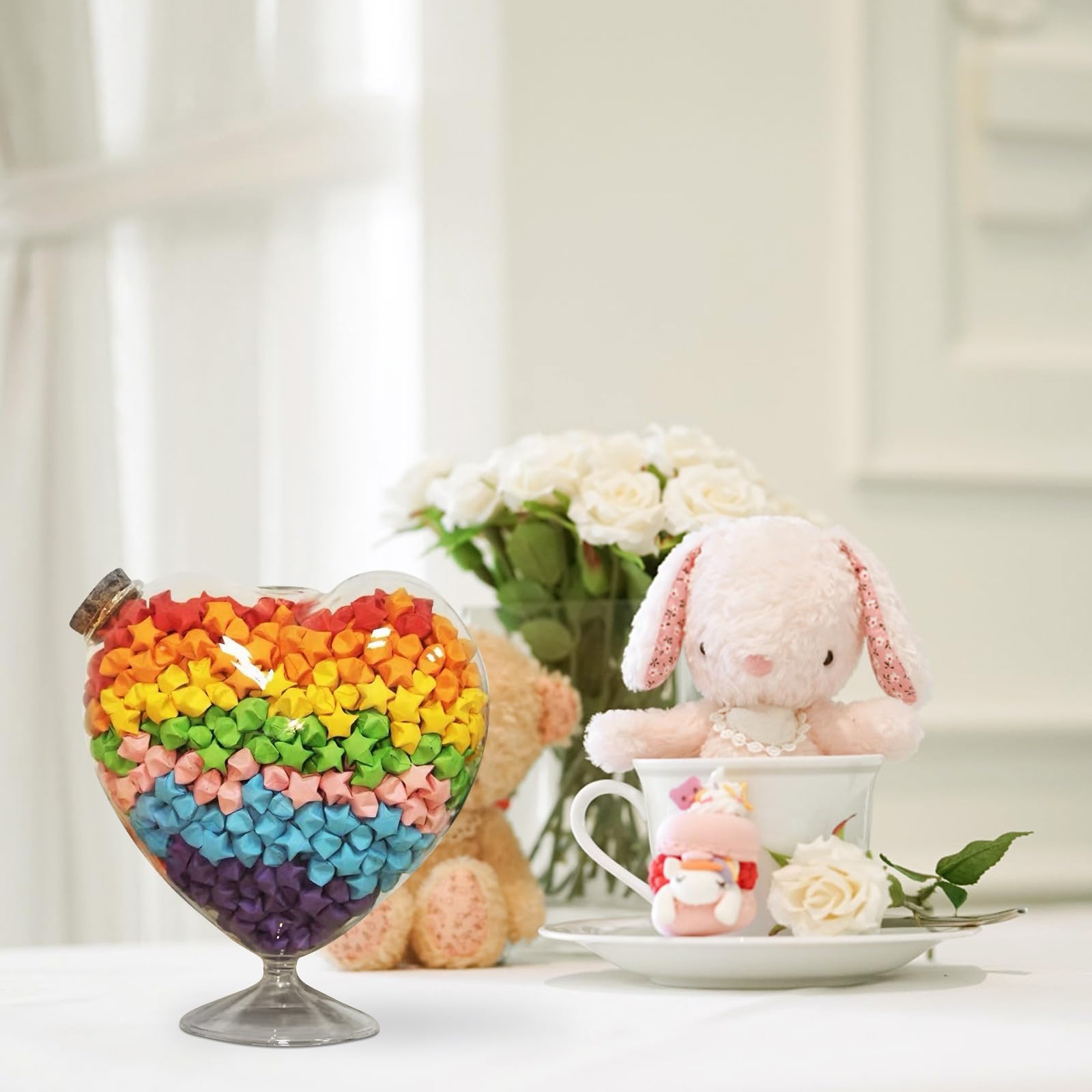 Barattolo Vetro Tappo Sughero, Bottiglia Origami a Stella in Vetro e Legno, Design Trasparente per Decorazione Casa e Scrivania, Contenitore per Piccoli Oggetti
