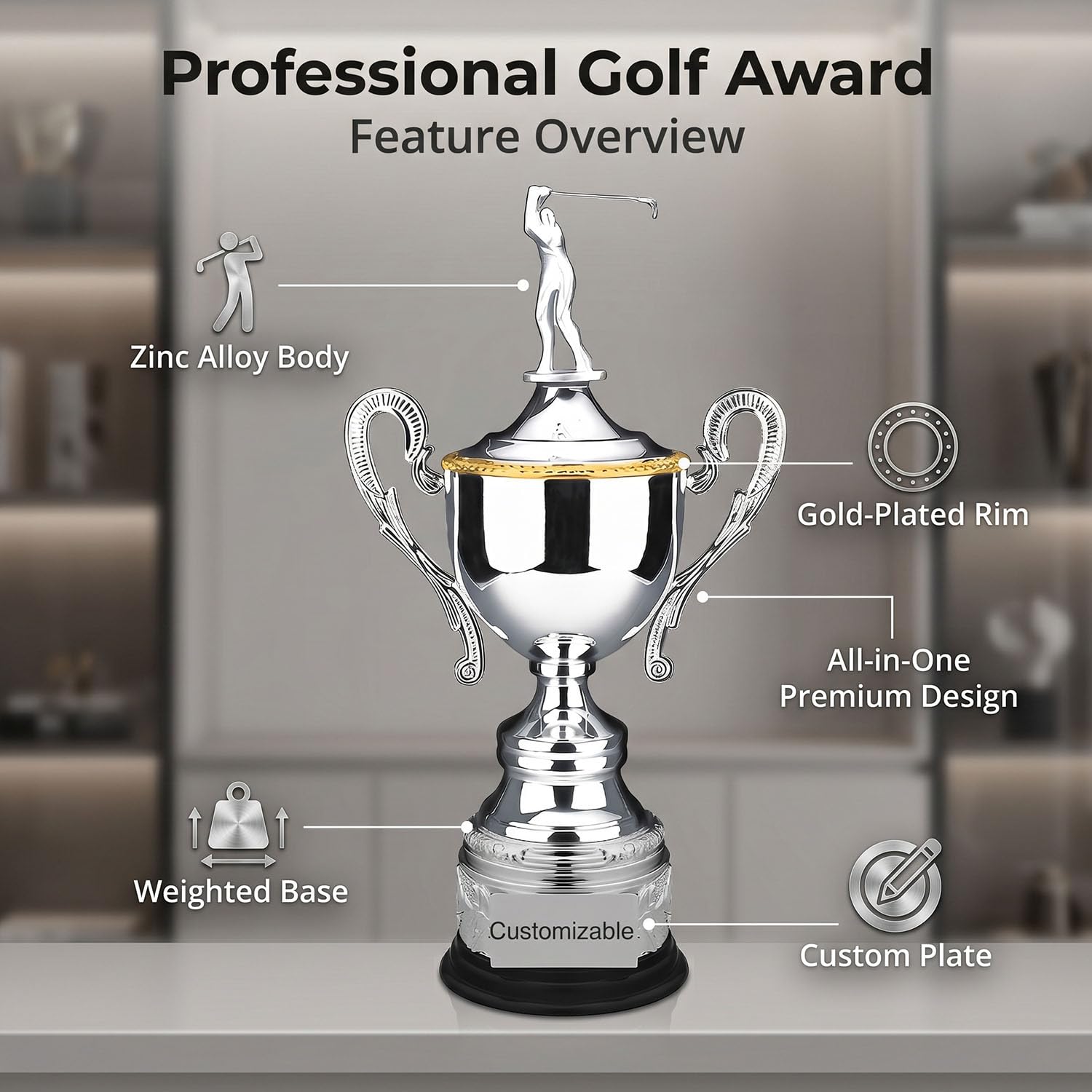 Trofeo de Campeonato de Golf, Premio de Golf Personalizable para Ganadores, Trofeo Deportivo Estilo Metal, Decoración Club Regalo para Fans