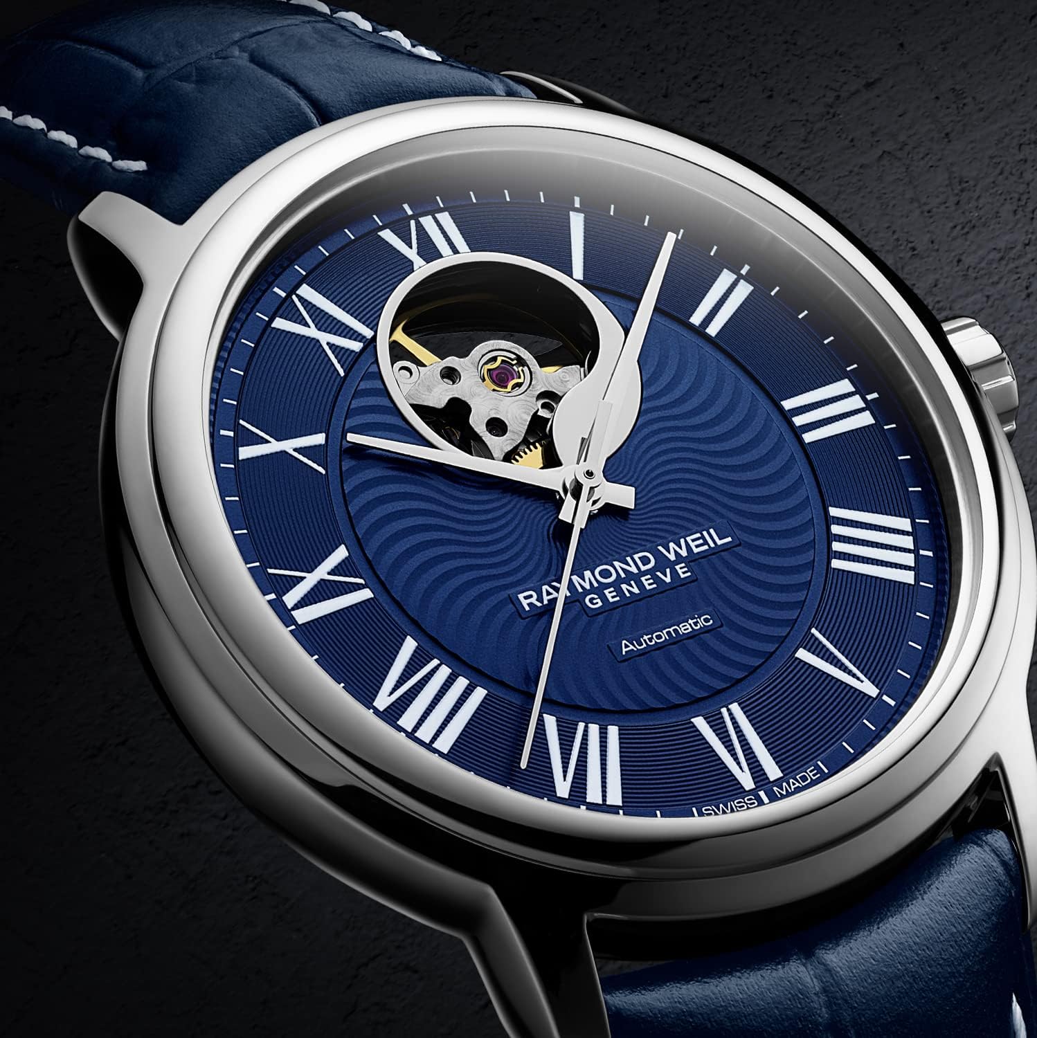 Raymond Weil Maestro Blues Men Visible Balance Wheel Automatic Watch, Blue Dial, Roman Numerals, Blue Leather Strap, 39.5 mm (Model: 2227-STC-00508)