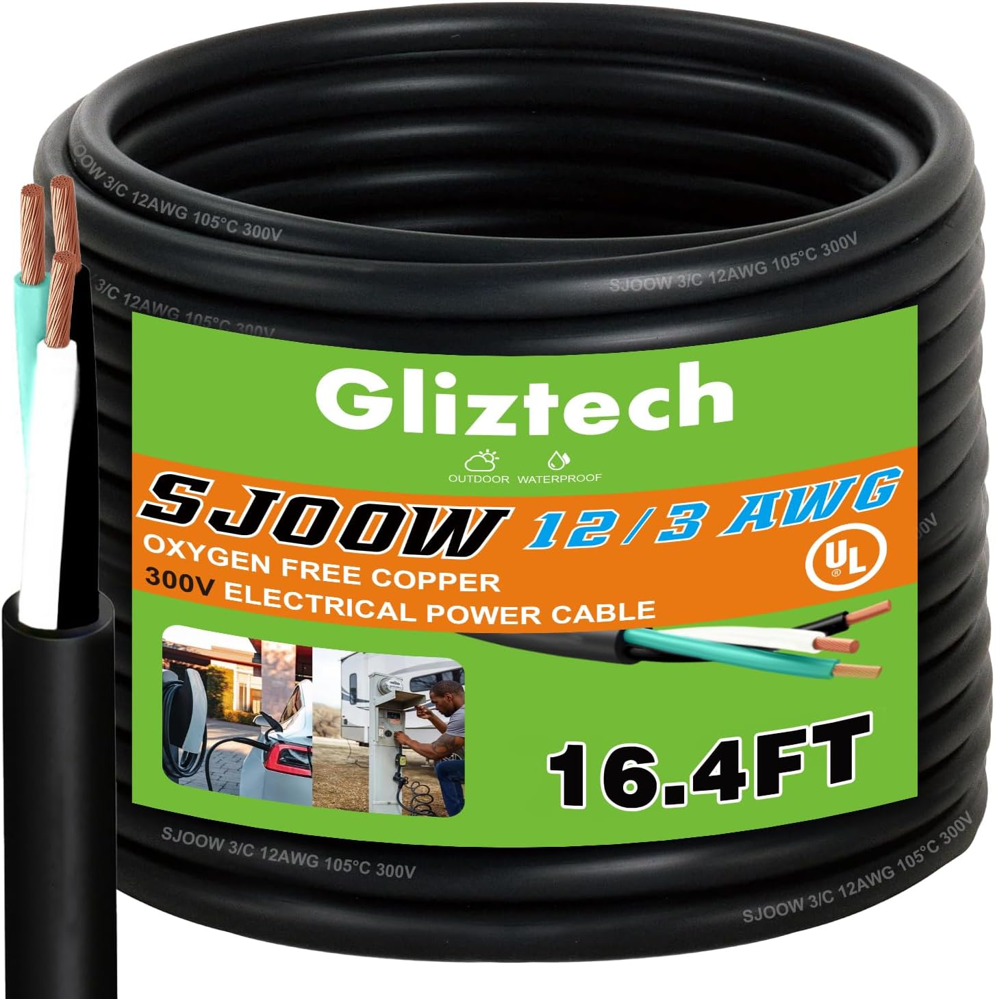 12/3 AWG Portable Power Cable 16.4 ft, SJOOW 300V 12 Gauge Electric Wire, 3 Conductor Extension Cord, Outdoor Extension Cord for Motors, Generators, Battery Chargers, Mechanic Lights