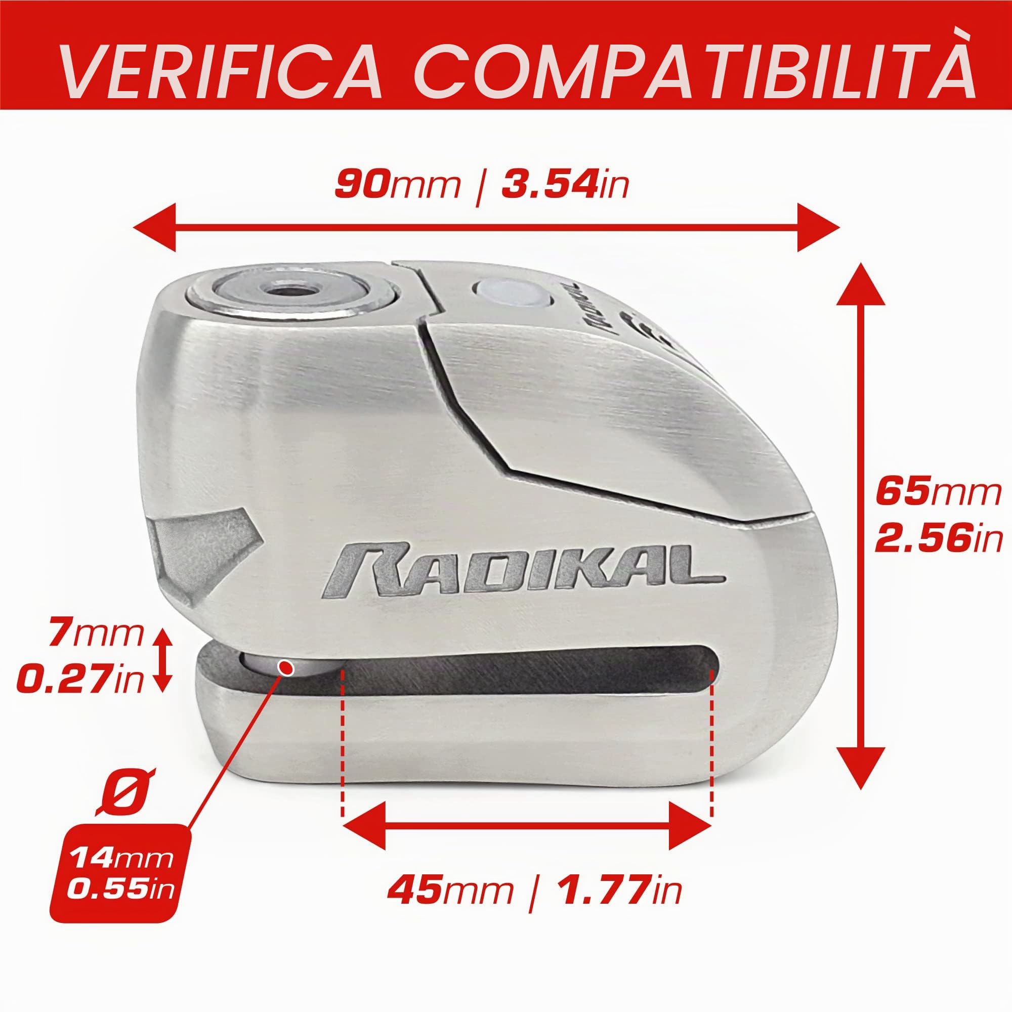 RADIKAL RK14S Lucchetto Antifurto Moto Bloccadisco Sonoro Allarme 120 Db, Warning Pre-Allarme, Omologato SRA & RK402 Supporto antifurto RK10 e RK14S per Il Fissaggio a Tubi o Viti