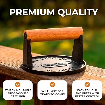 The Burger SmasherTM Pre-Seasoned Heavy Duty Cast Iron Smash Burger Press Kit - Heat Resistant Burger Smasher for Griddle, Food, Chef, Meat & Cooking Press, Hamburger Smasher - 30 Patty Paper