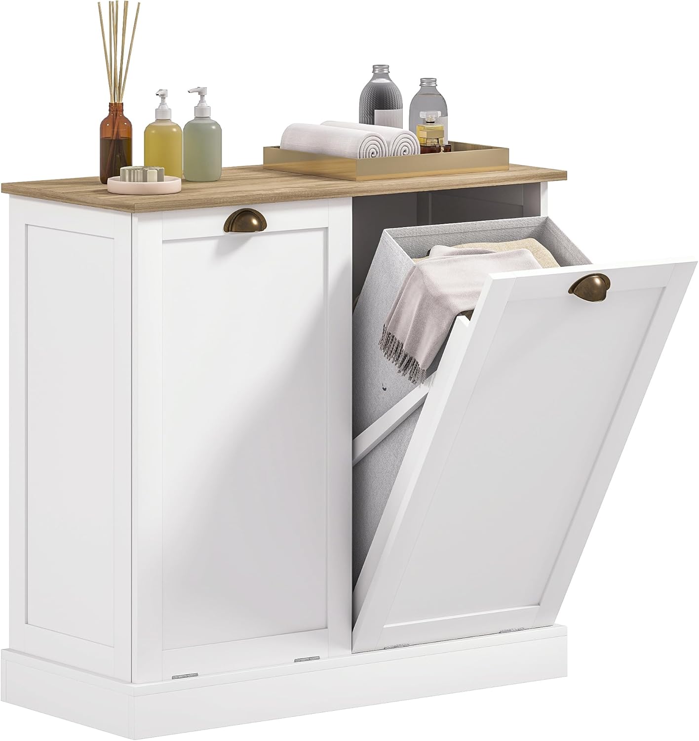 HOMCOM Double Tilt-Out Laundry Hamper Cabinet with 2 Removable Basket, Modern Bathroom Storage Cabinet with Shaker Doors and Handles, White