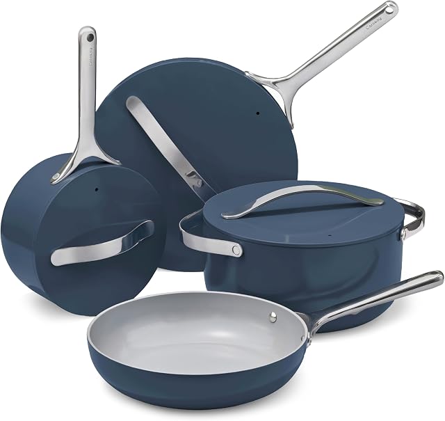 Caraway Nonstick Ceramic Cookware Set (12 Piece) Pots, Pans, Lids and Kitchen Storage - Non Toxic, PTFE & PFOA Free - Oven Safe & Compatible with All Stovetops (Gas, Electric & Induction) - Navy