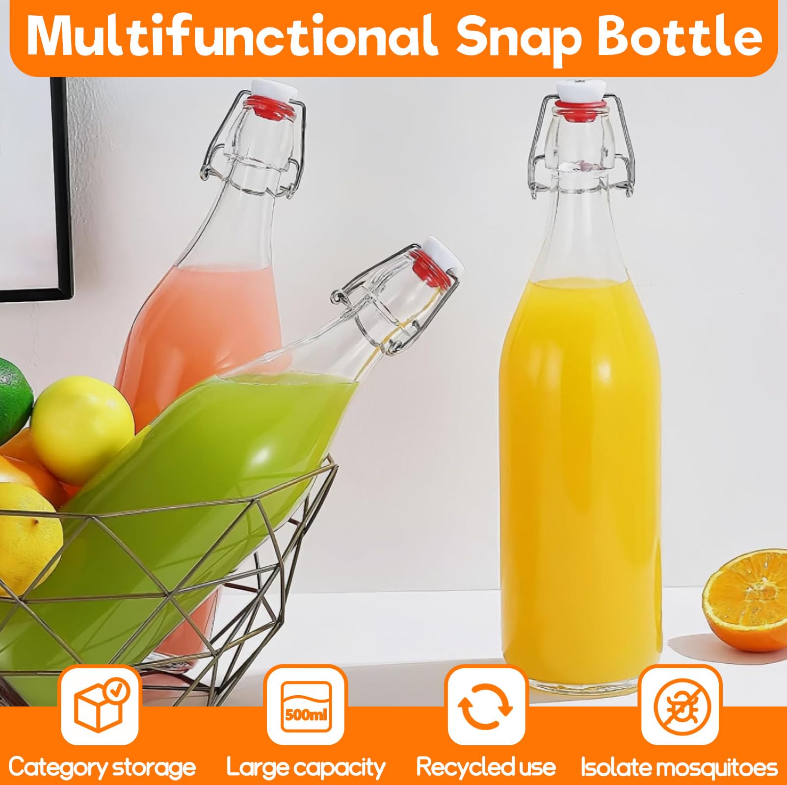6 Piezas Botella Agua Cristal de 500 ml con Tapón Hermético y Embudo, Botellas de Vidrio Transparente Hermética, Botellitas Bebidas Reutilizables para Jugos, Aceite, Jarabe, Cerveza, Vinagre, Kombucha