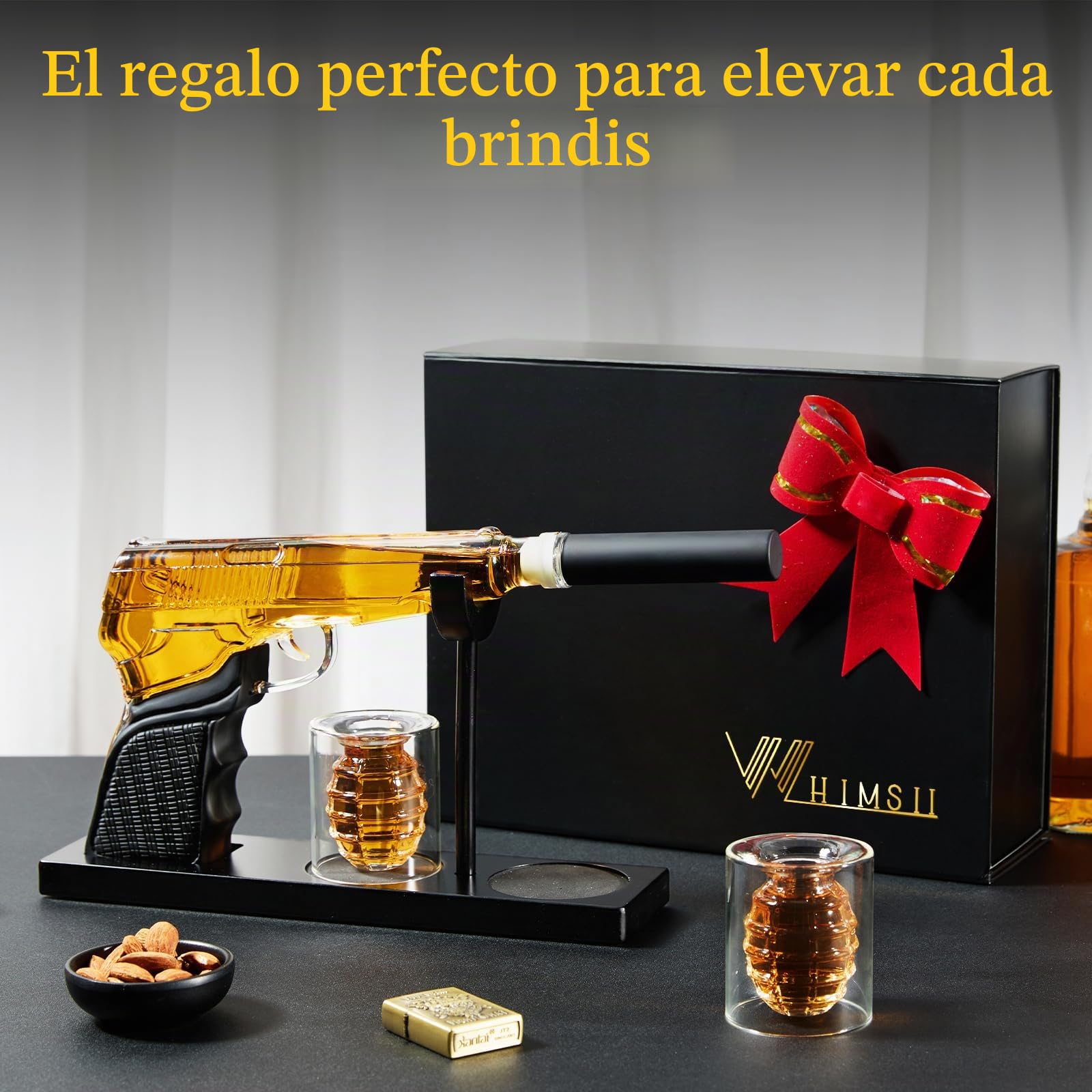 Juego de decantador de whisky para hombre, decantador de pistola de 400 ml + 2 vasos de granada, juegos de decantador de whisky premium para hombres, gran idea de regalo para ocasiones especiales y