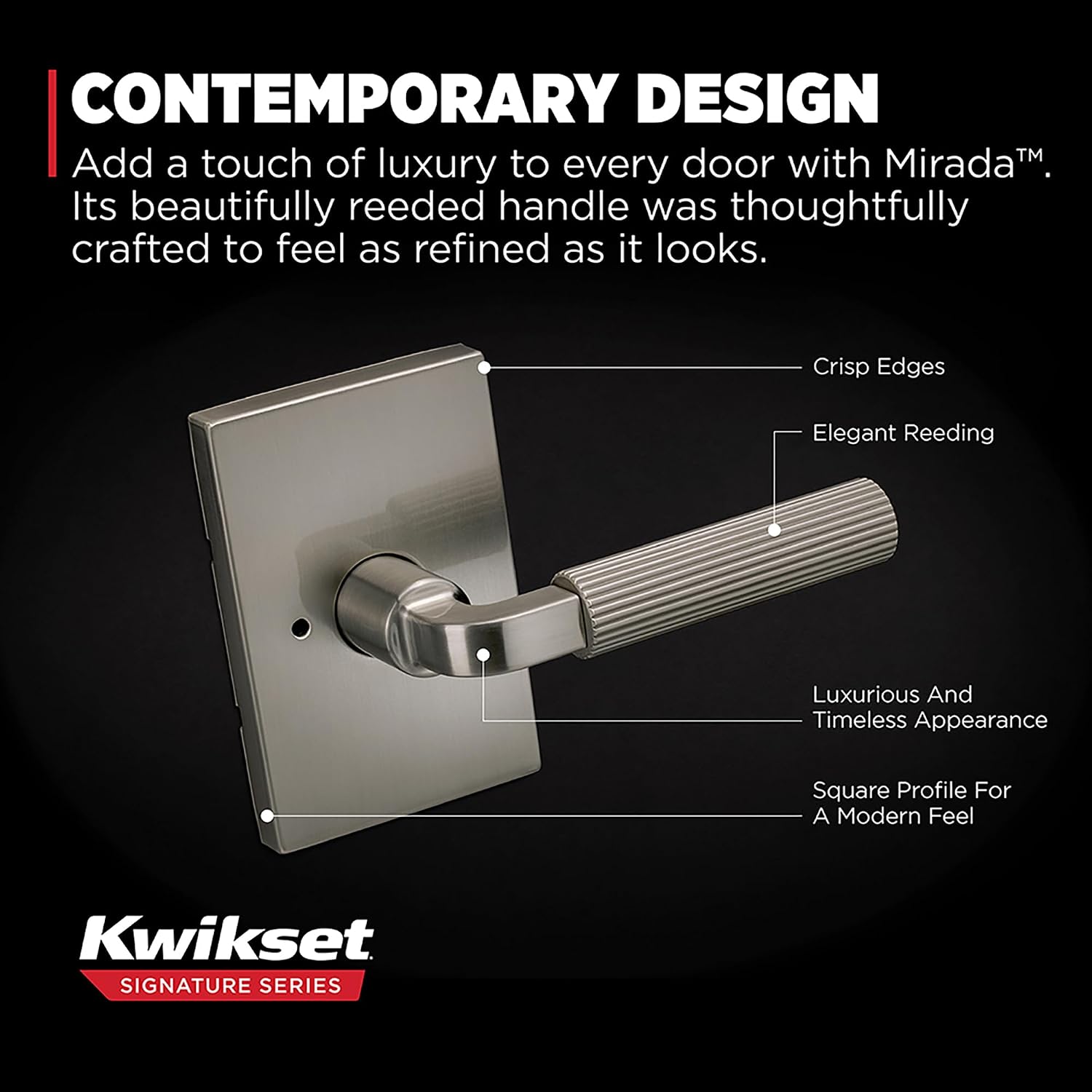Kwikset Mirada Reeded Interior Privacy Door Handle with Lock, Handle for Bathroom and Bedroom, Matte Black Satin Brass, Reversible Keyless Push Button Lock, with Microban Protection