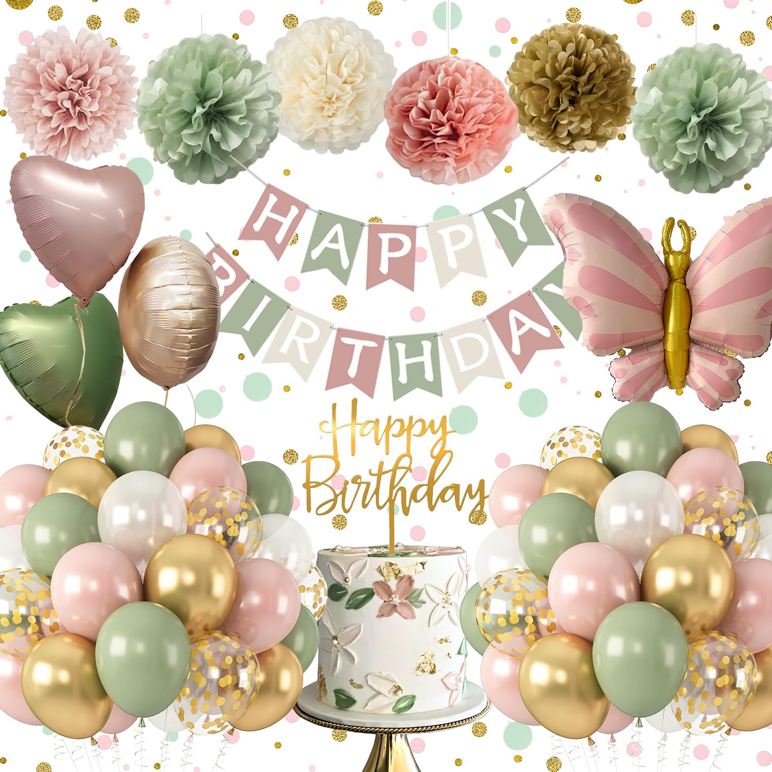 Dusty Pink and Green Birthday Decorations,Birthday Decoration for Girls Women,Party Decorations with HAPPY BIRTHDAY Decorations Banner,Butterfly Balloon,Birthday Balloons for Women Girl Baby Shower — image 1