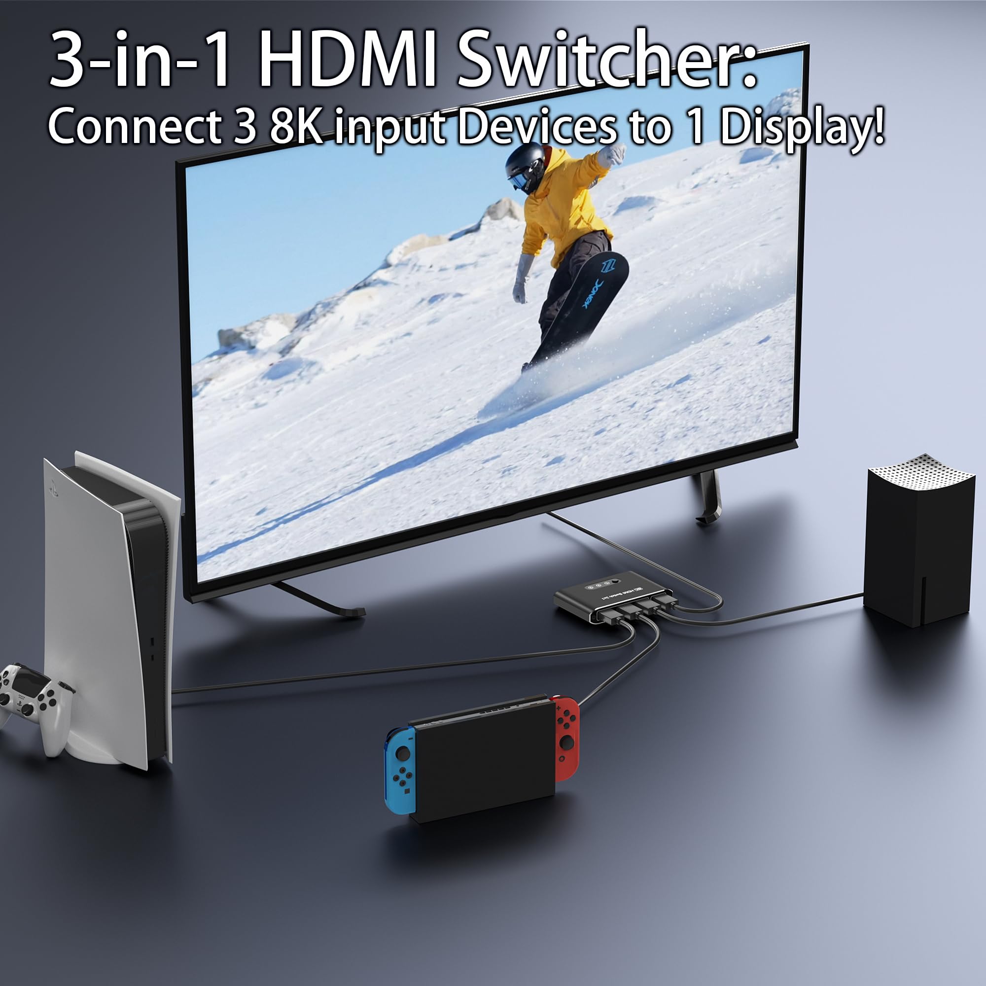 Conmutador HDMI 2.1 3 en 1, interruptor divisor HDMI 8K, compatible con 4K a 120Hz, 8K a 60Hz, caja HDMI Ultra HD de 48 Gbps, carcasa de aluminio, compatible con PS4/PS5, Xbox, Fire Stick, Apple TV