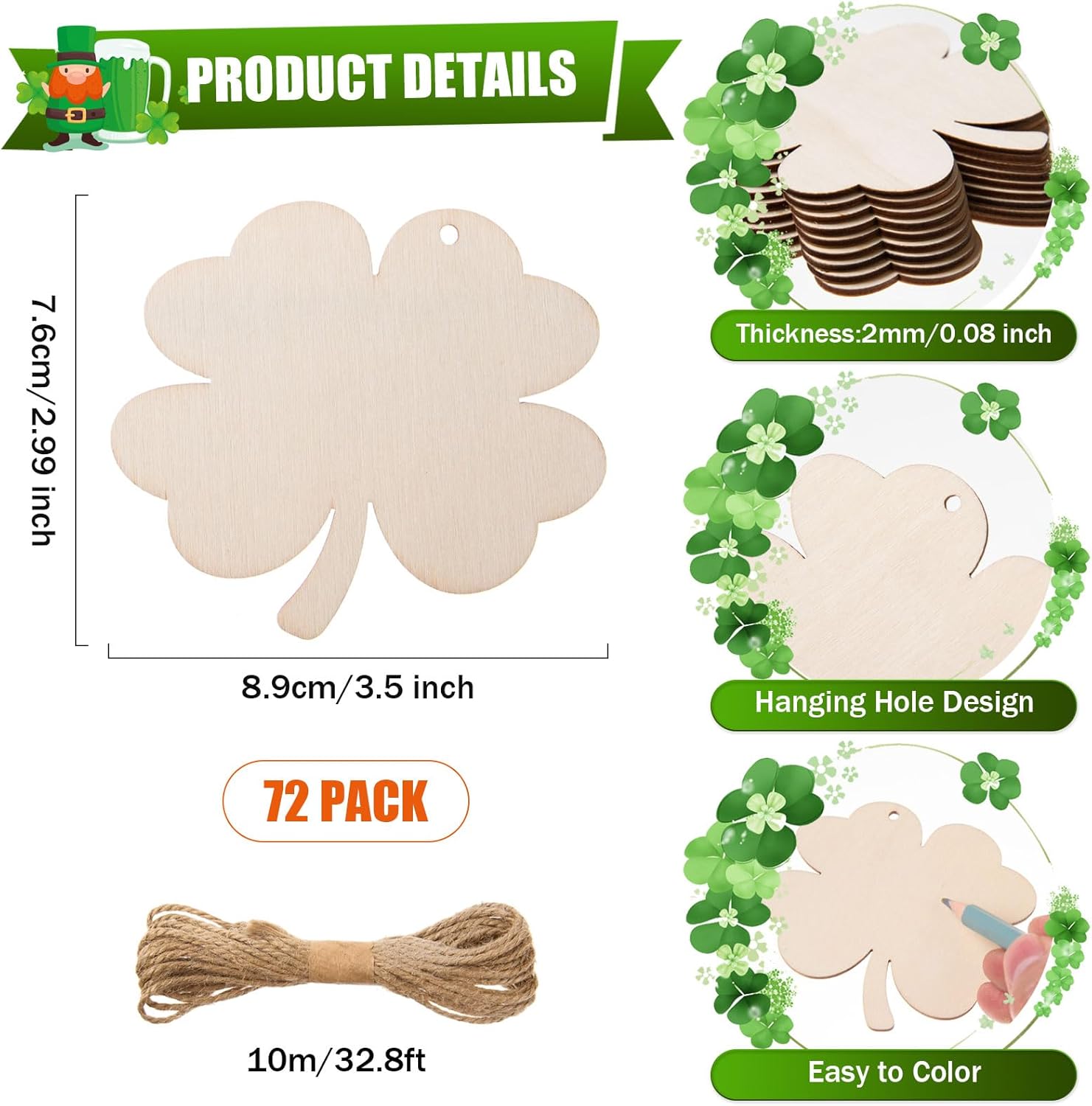 AWIZOM 72 Pcs Wooden Four Leaf Clover Ornaments Unfinished St. Patrick's Day Wooden Shamrock Cutouts Blank Wood 4 Leaf Clover Slices with Twine for DIY Crafts Tags Irish Holiday Hanging Decor,3.5x3 - Image 2