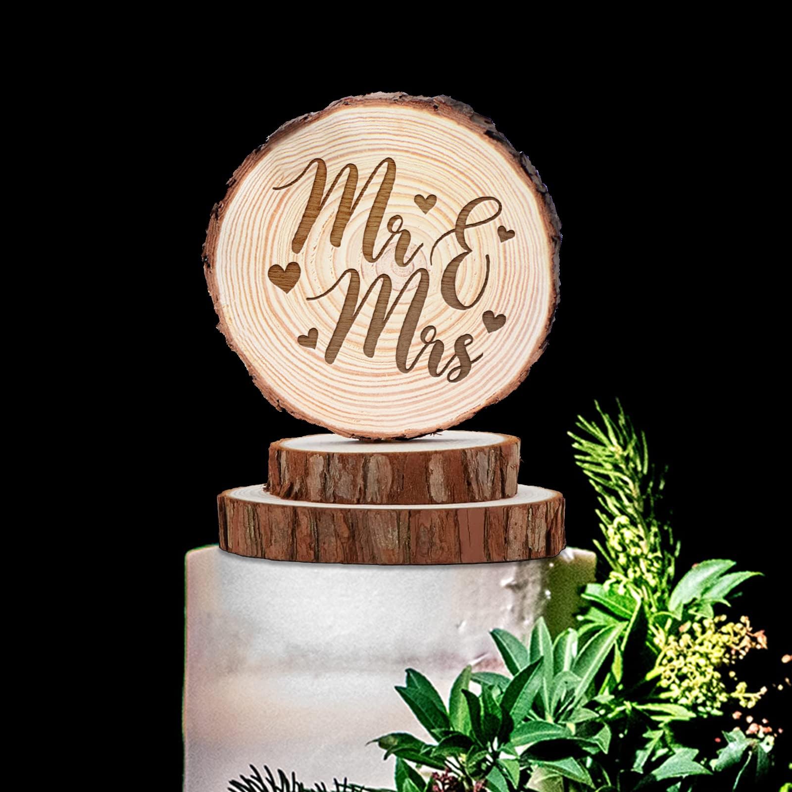 Rustic Wood Slice Mr & Mrs Cake Toppers - Country Wedding Decor